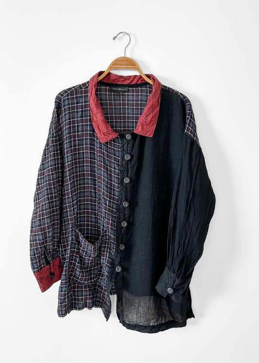 Mara Gibbucci Black Red Plaid Contrast Linen Button Jacket (L)