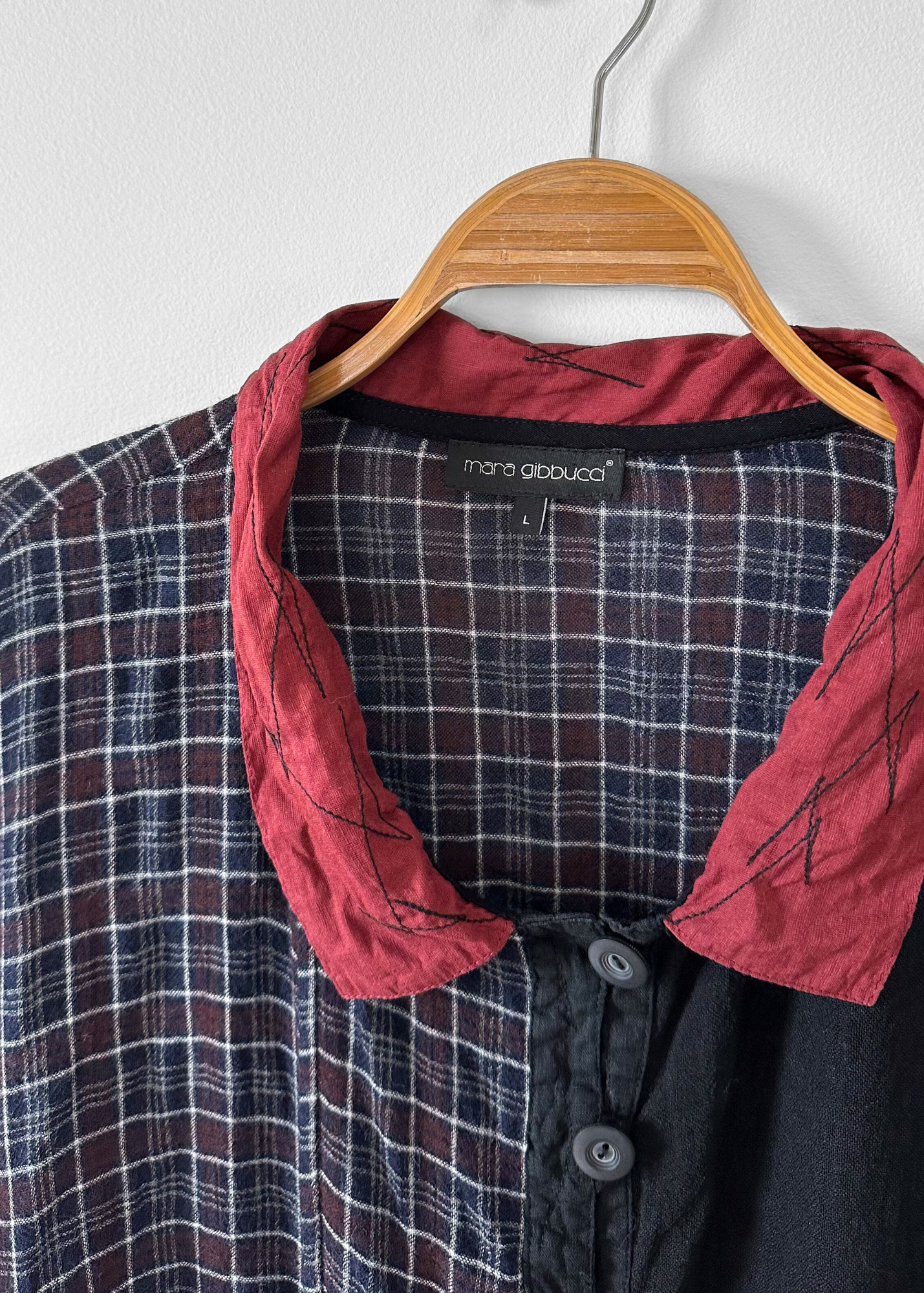 Mara Gibbucci Black Red Plaid Contrast Linen Button Jacket (L)