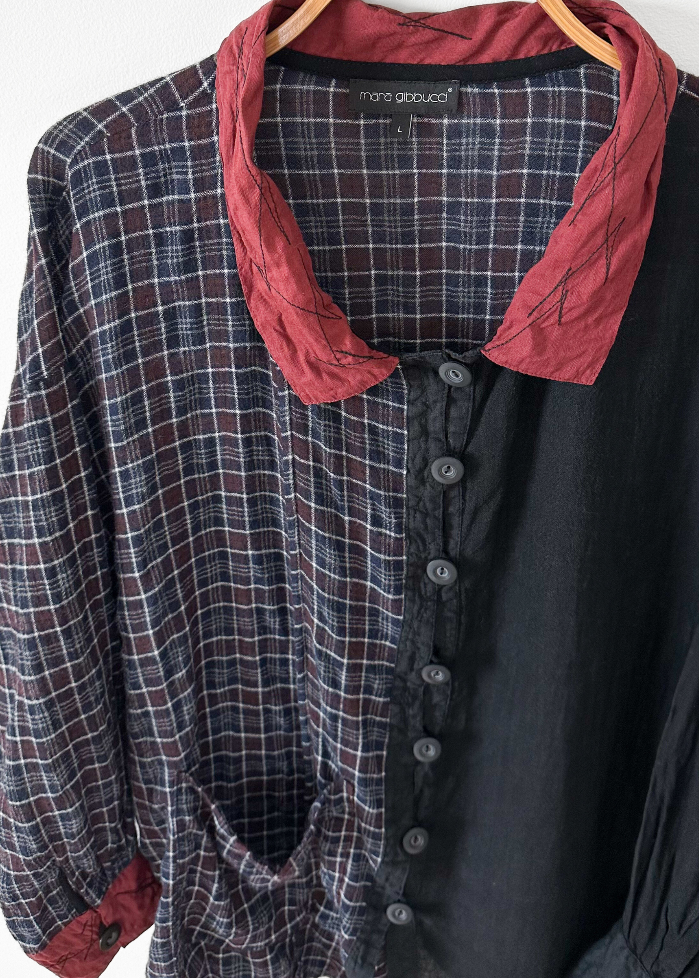 Mara Gibbucci Black Red Plaid Contrast Linen Button Jacket (L)