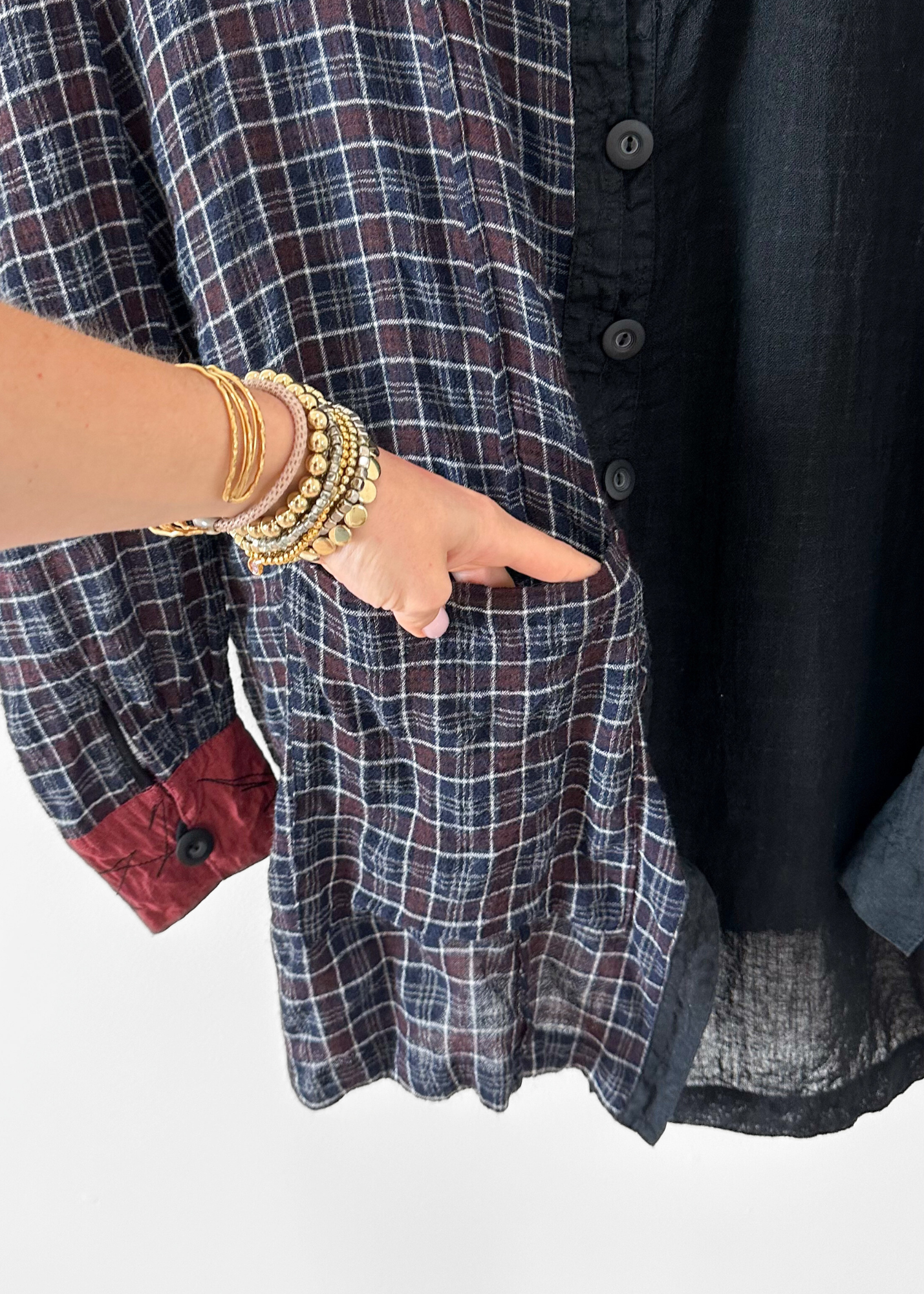 Mara Gibbucci Black Red Plaid Contrast Linen Button Jacket (L)