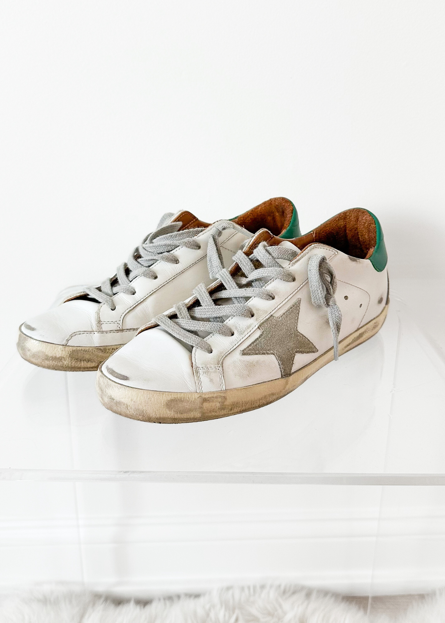 Golden Goose Super-Star White Green Leather Ice Gray Suede Low Top Sneakers Women's (EU 39 / US 9)