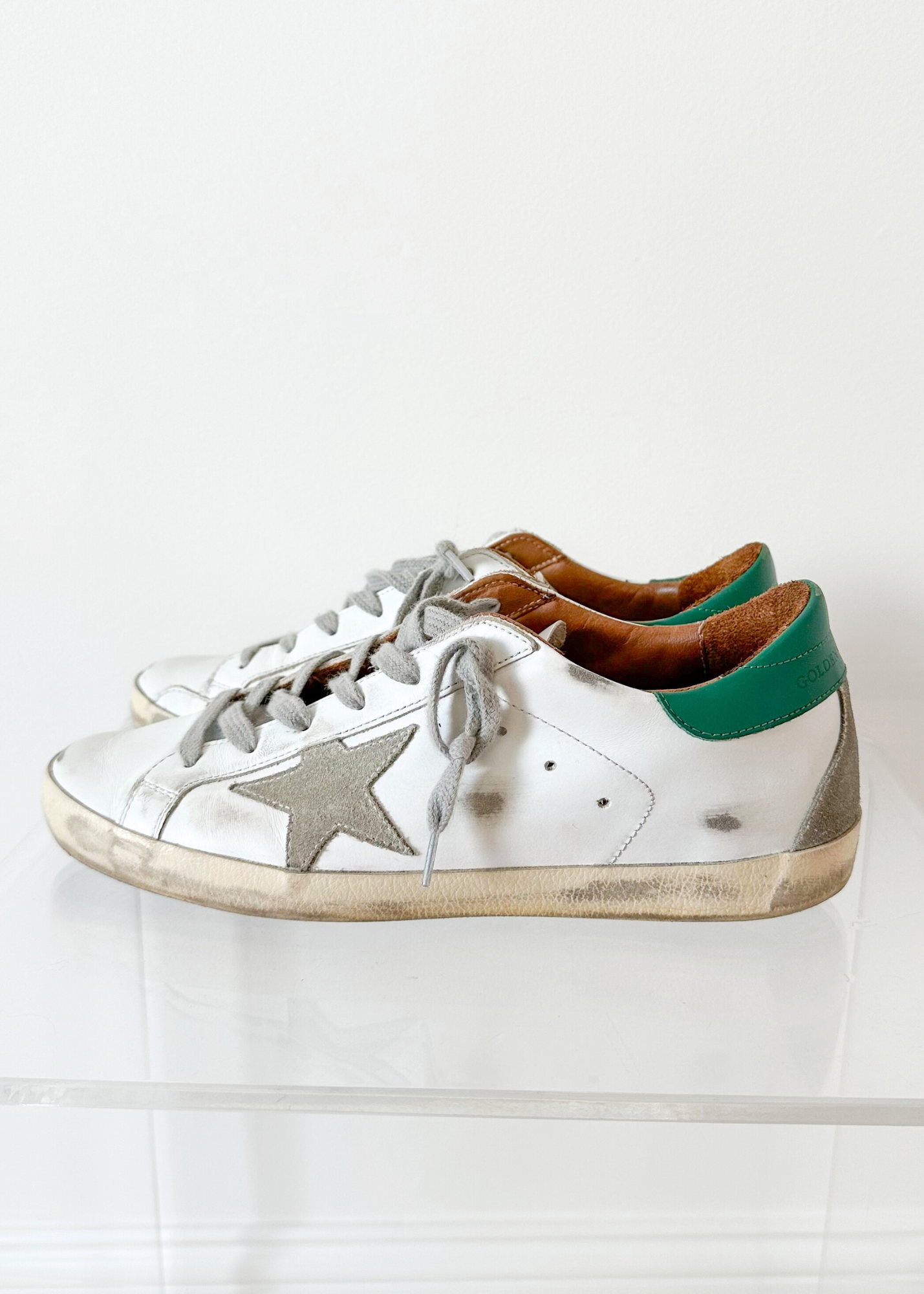 Golden Goose Super-Star White Green Leather Ice Gray Suede Low Top Sneakers Women's (EU 39 / US 9)