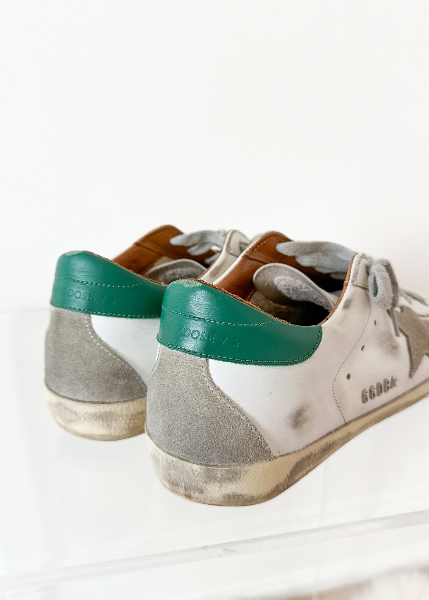 Golden Goose Super-Star White Green Leather Ice Gray Suede Low Top Sneakers Women's (EU 39 / US 9)