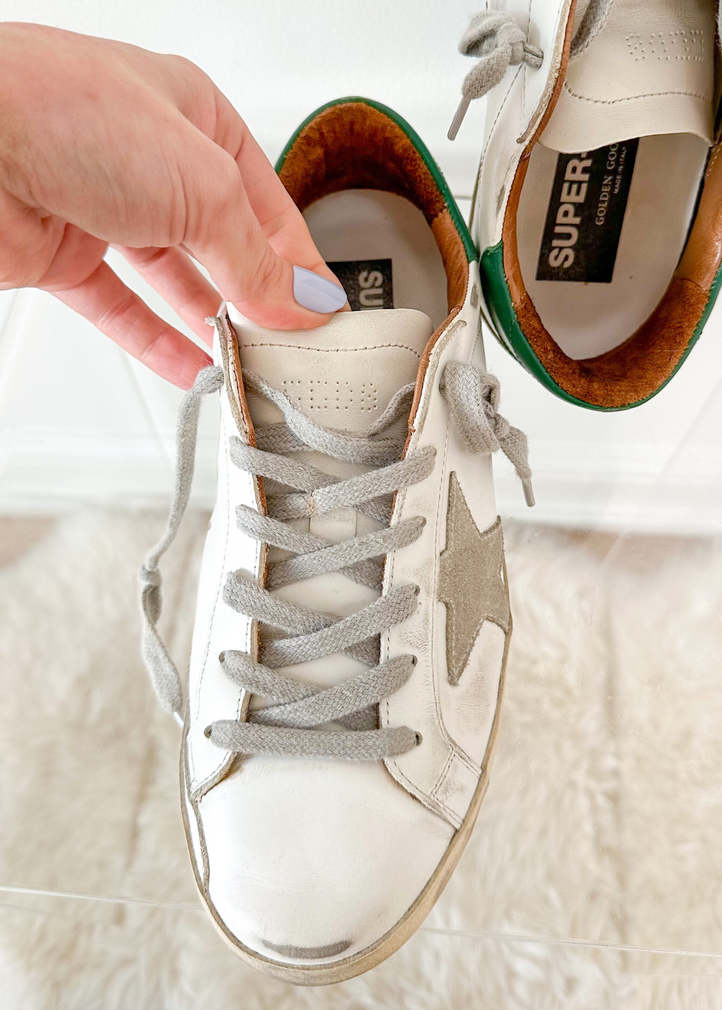 Golden Goose Super-Star White Green Leather Ice Gray Suede Low Top Sneakers Women's (EU 39 / US 9)