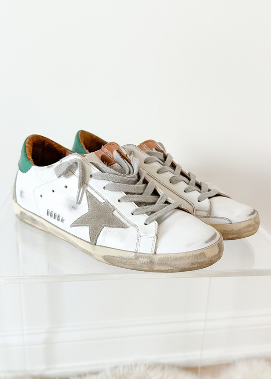 Golden Goose Super-Star White Green Leather Ice Gray Suede Low Top Sneakers Women's (EU 39 / US 9)