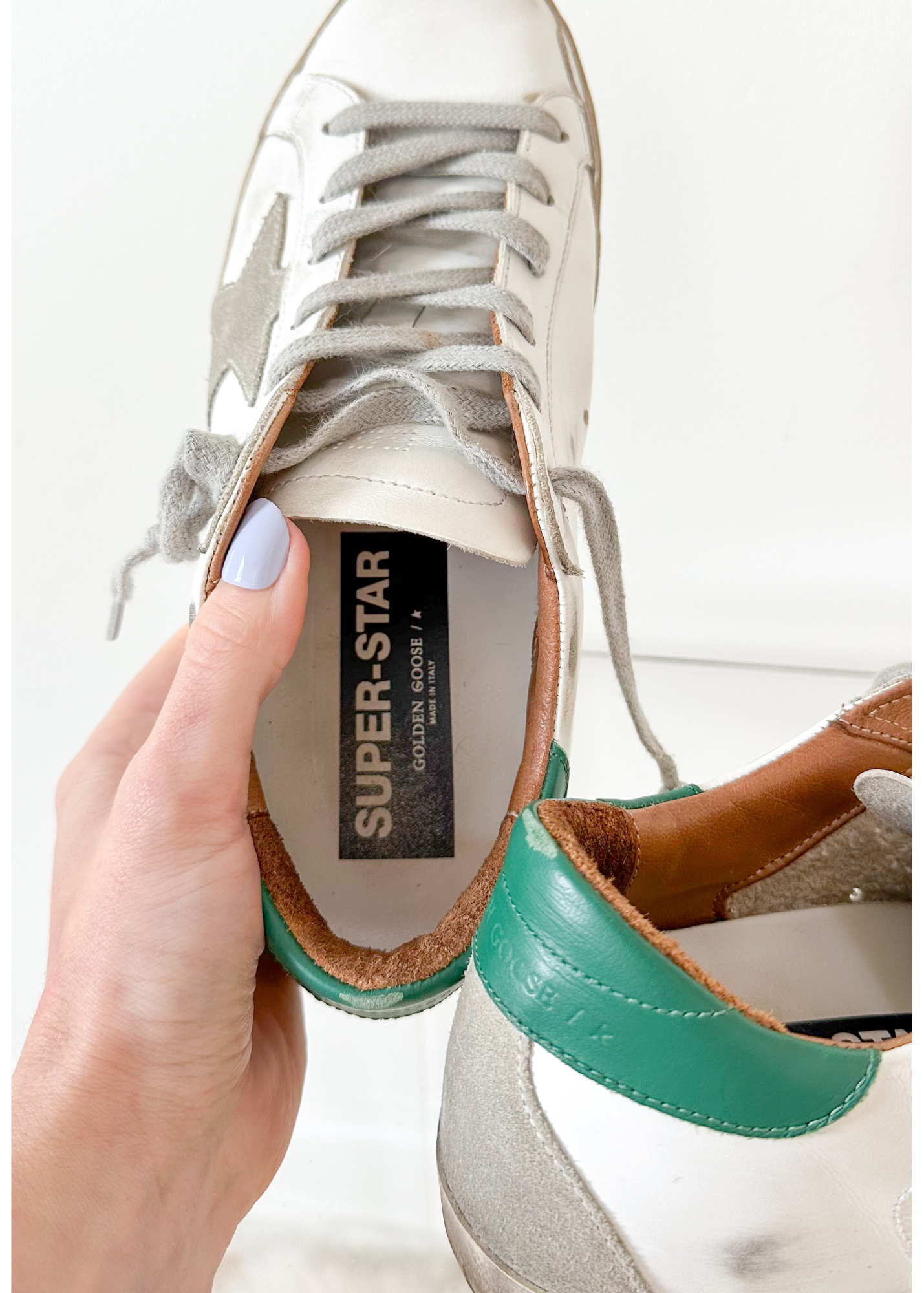 Golden Goose Super-Star White Green Leather Ice Gray Suede Low Top Sneakers Women's (EU 39 / US 9)