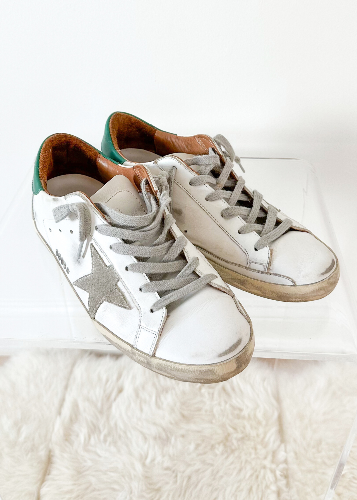 Golden Goose Super-Star White Green Leather Ice Gray Suede Low Top Sneakers Women's (EU 39 / US 9)