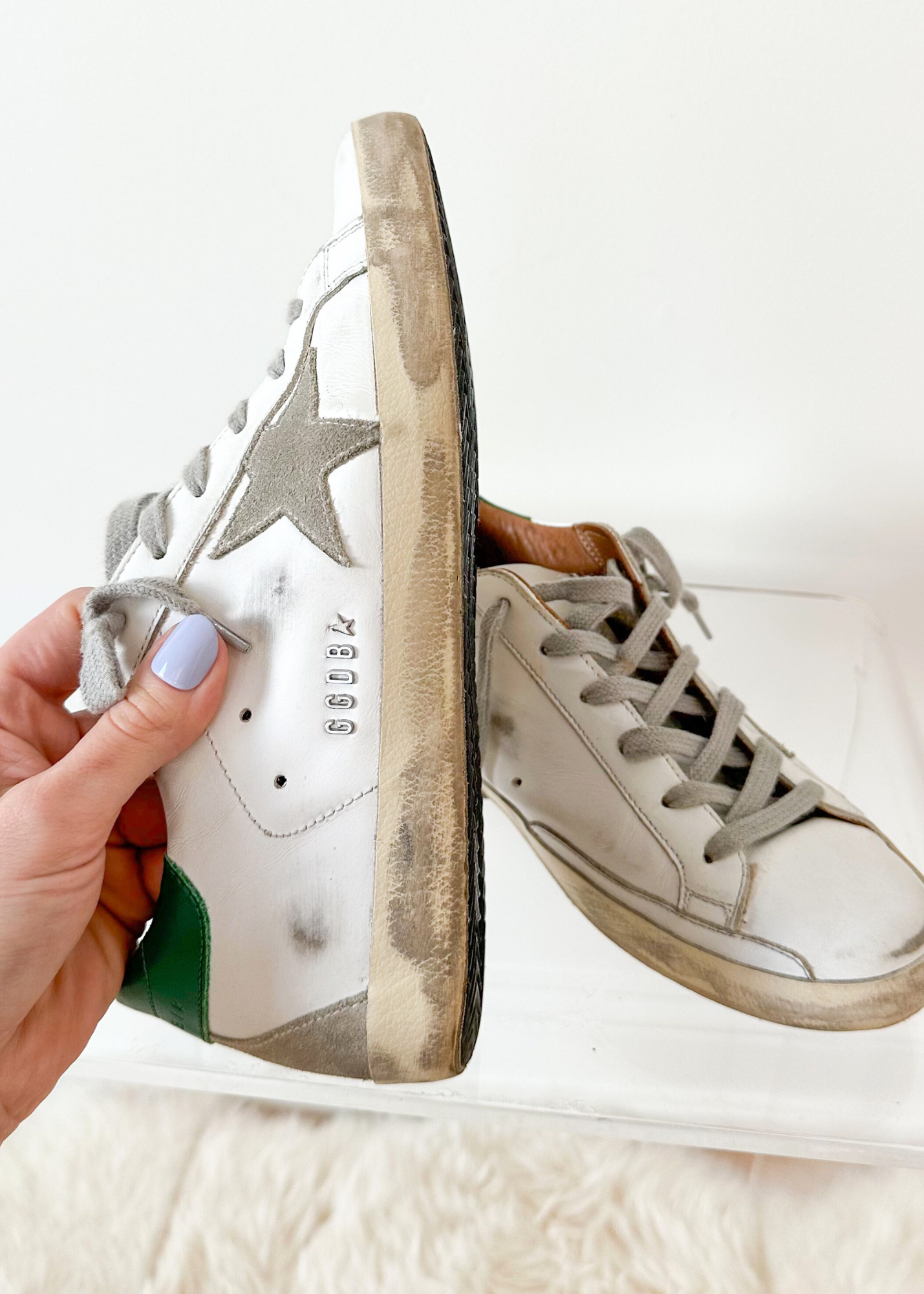 Golden Goose Super-Star White Green Leather Ice Gray Suede Low Top Sneakers Women's (EU 39 / US 9)