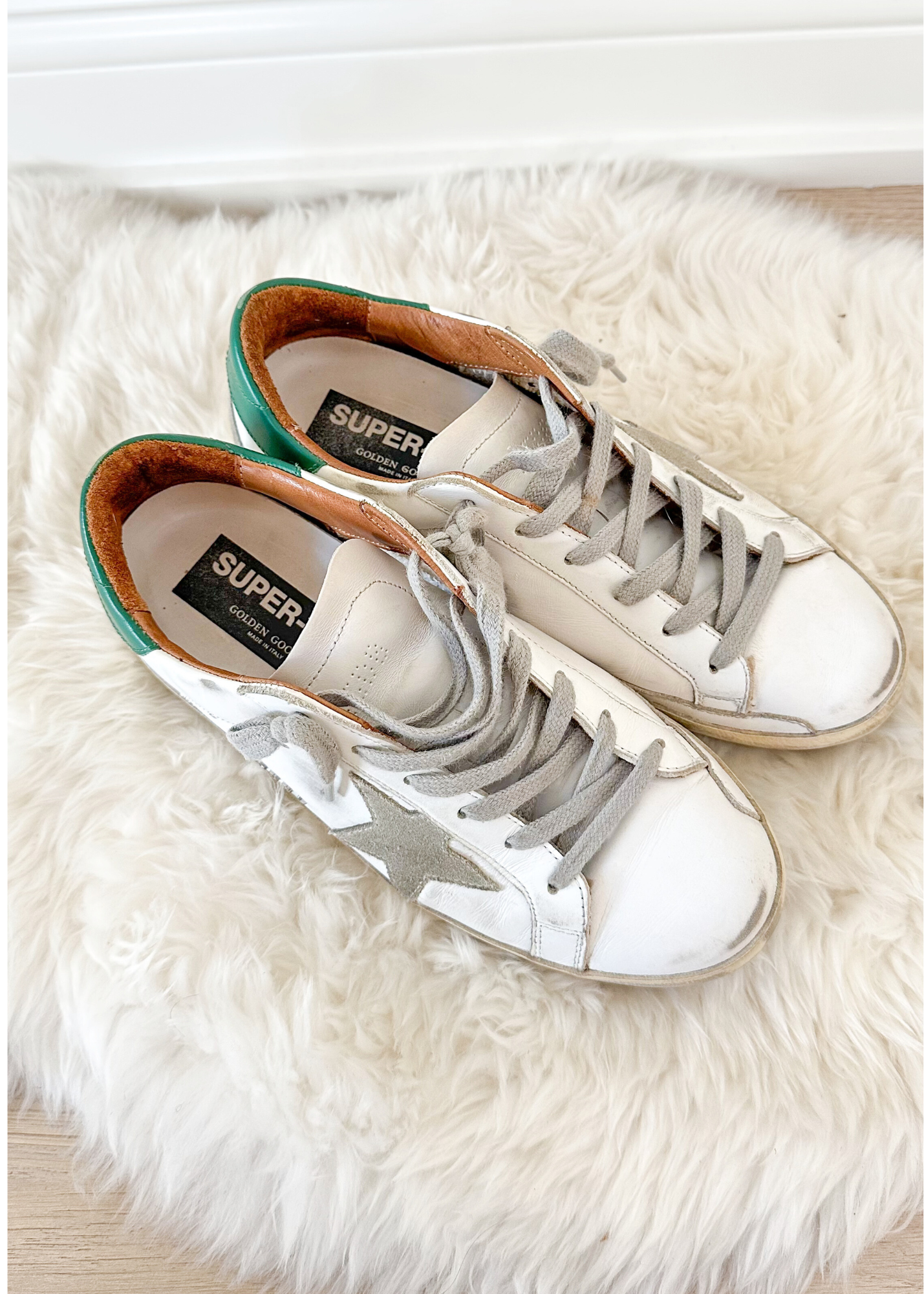 Golden Goose Super-Star White Green Leather Ice Gray Suede Low Top Sneakers Women's (EU 39 / US 9)