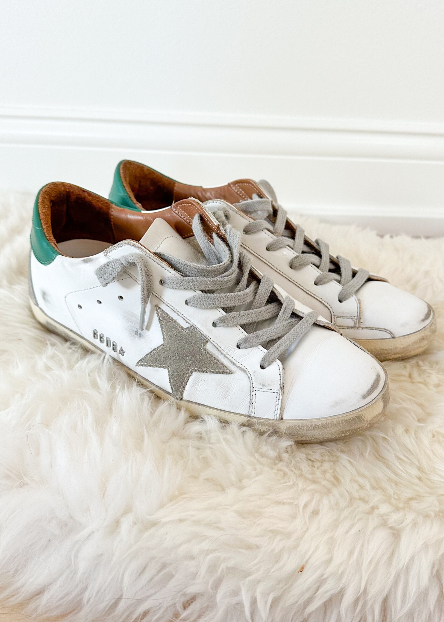 Golden Goose Super-Star White Green Leather Ice Gray Suede Low Top Sneakers Women's (EU 39 / US 9)