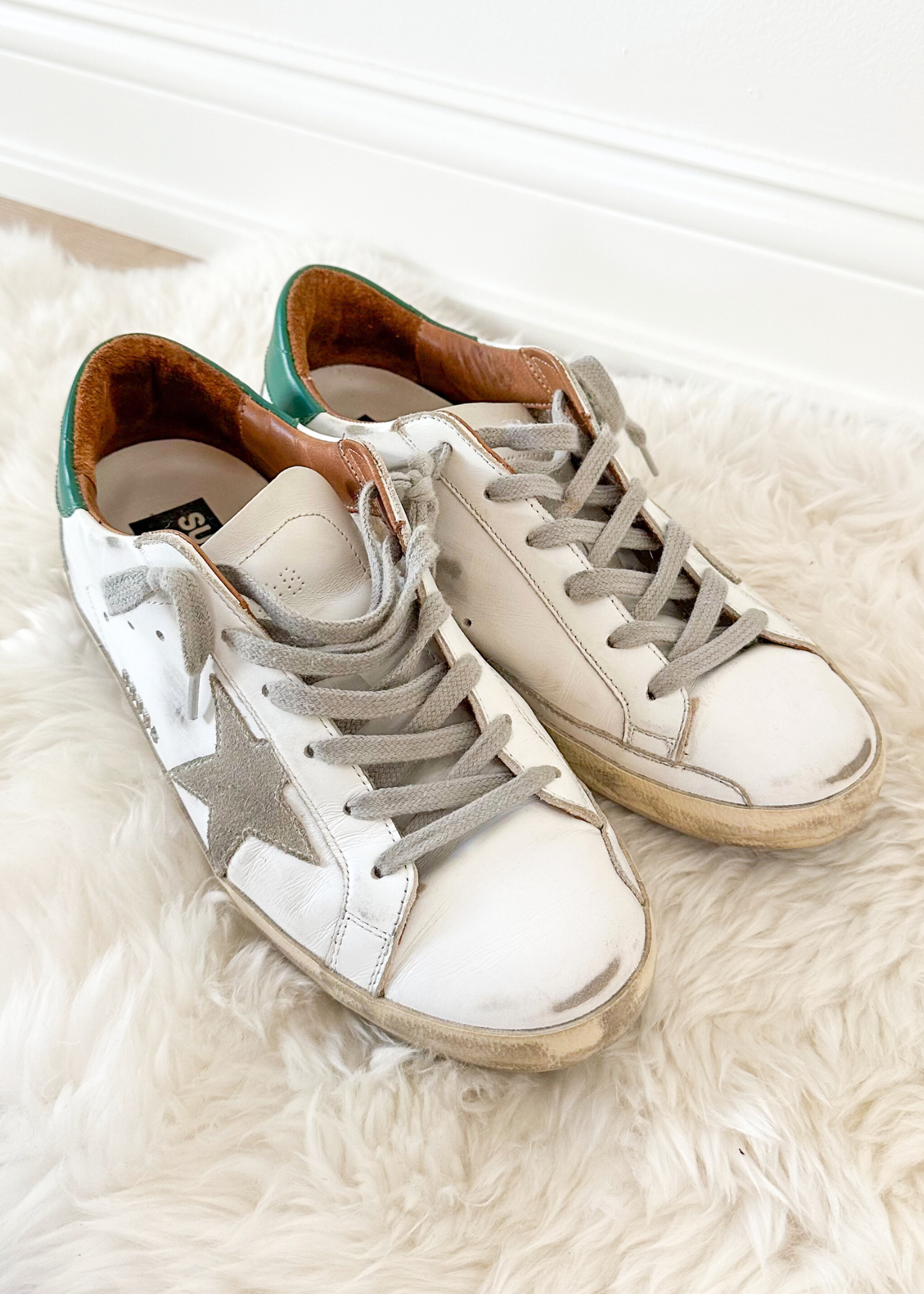 Golden Goose Super-Star White Green Leather Ice Gray Suede Low Top Sneakers Women's (EU 39 / US 9)