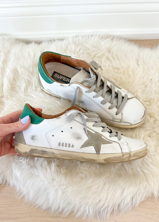 Golden Goose Super-Star White Green Leather Ice Gray Suede Low Top Sneakers Women's (EU 39 / US 9)