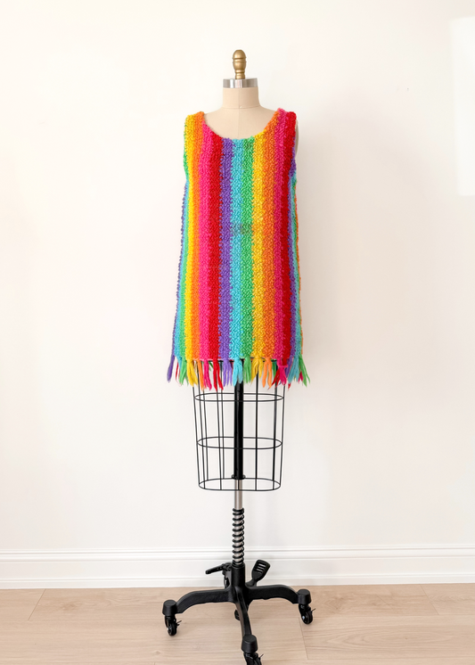 Vintage 60s Jack Winter Rainbow Crochet Mini Fringe Hem Dress (M)