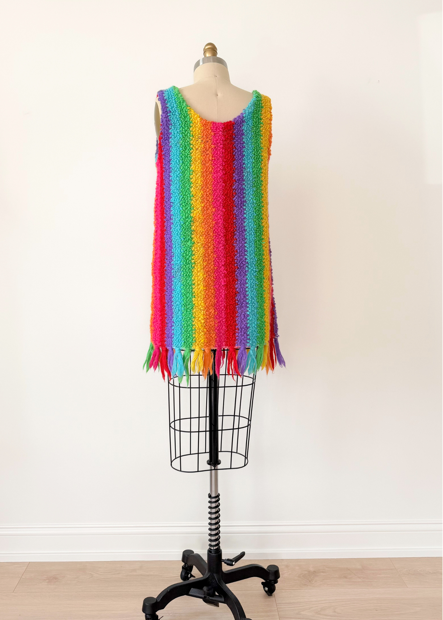 Vintage 60s Jack Winter Rainbow Crochet Mini Fringe Hem Dress (M)