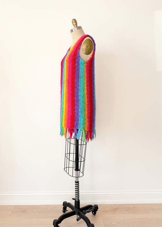 Vintage 60s Jack Winter Rainbow Crochet Mini Fringe Hem Dress (M)