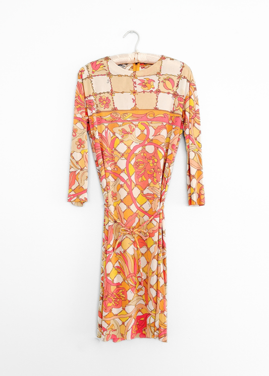 Vintage 60s 70s Emilio Pucci Silk Pink Peach Yellow Abstract Tie Belt Dress