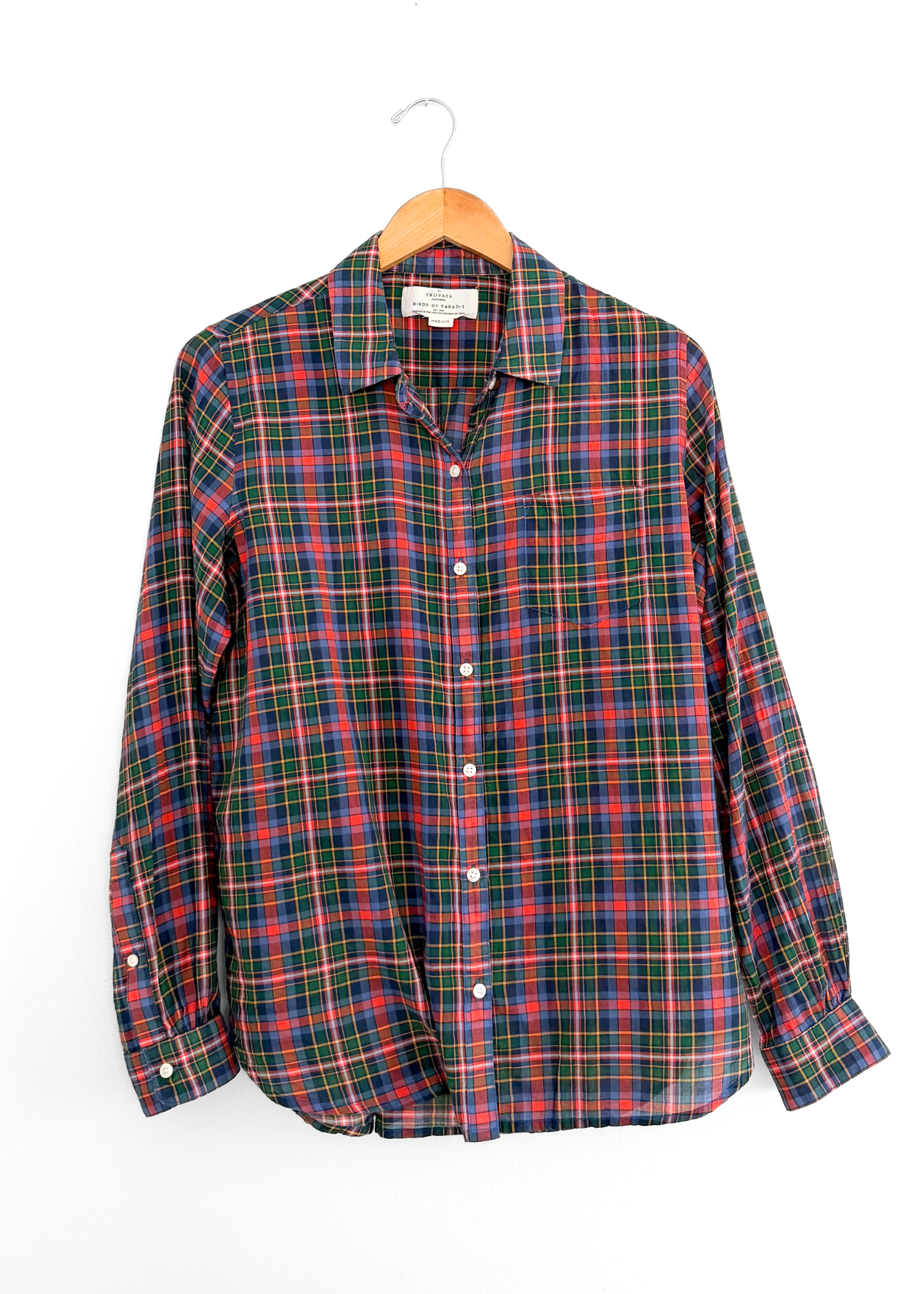 Trovata Birds of Paradise Red Green Blue Plaid Button Down (M)