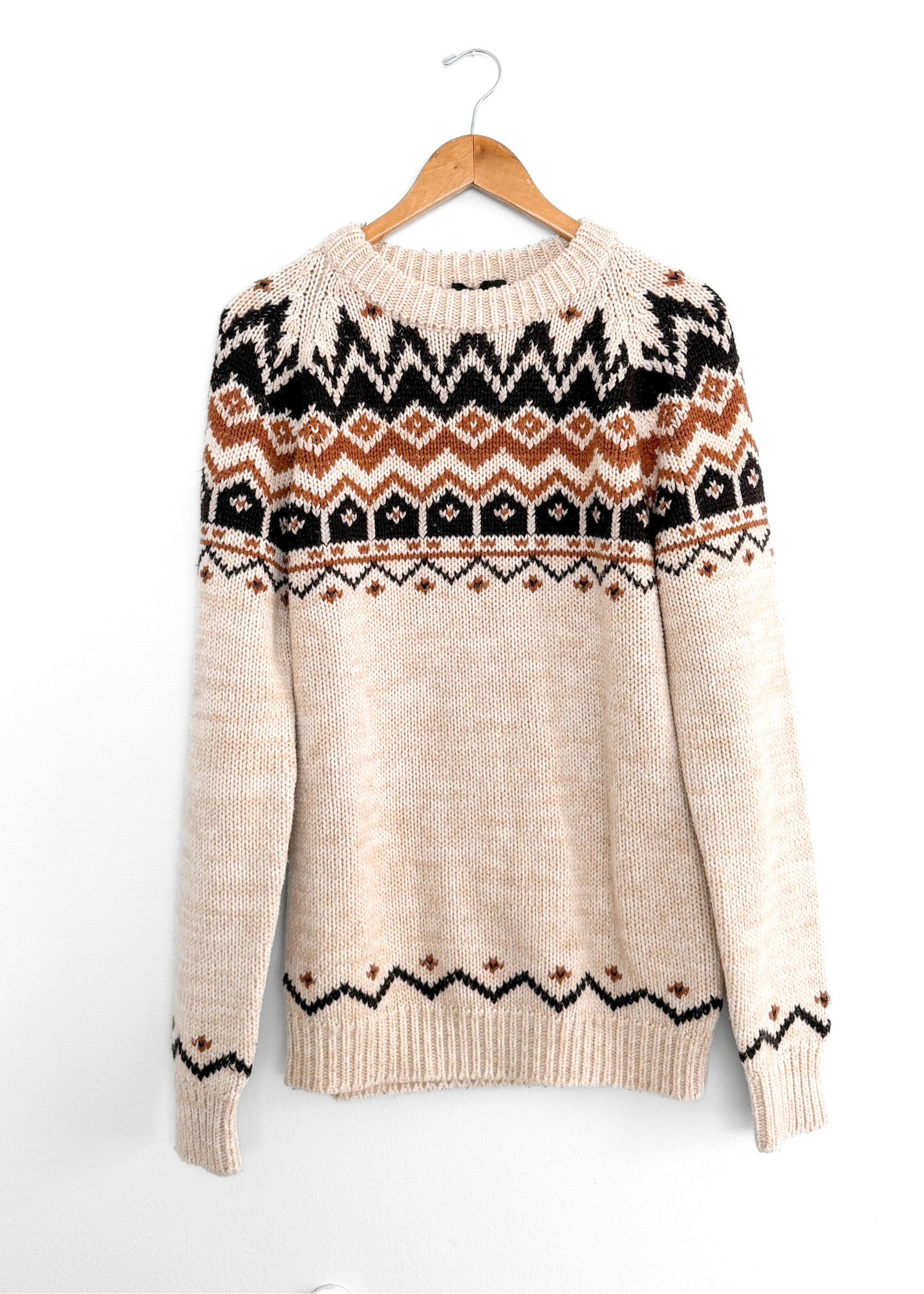 Vintage 80s f.a.I. Cream Tan Brown and Black Acrylic Pullover Sweater (M)