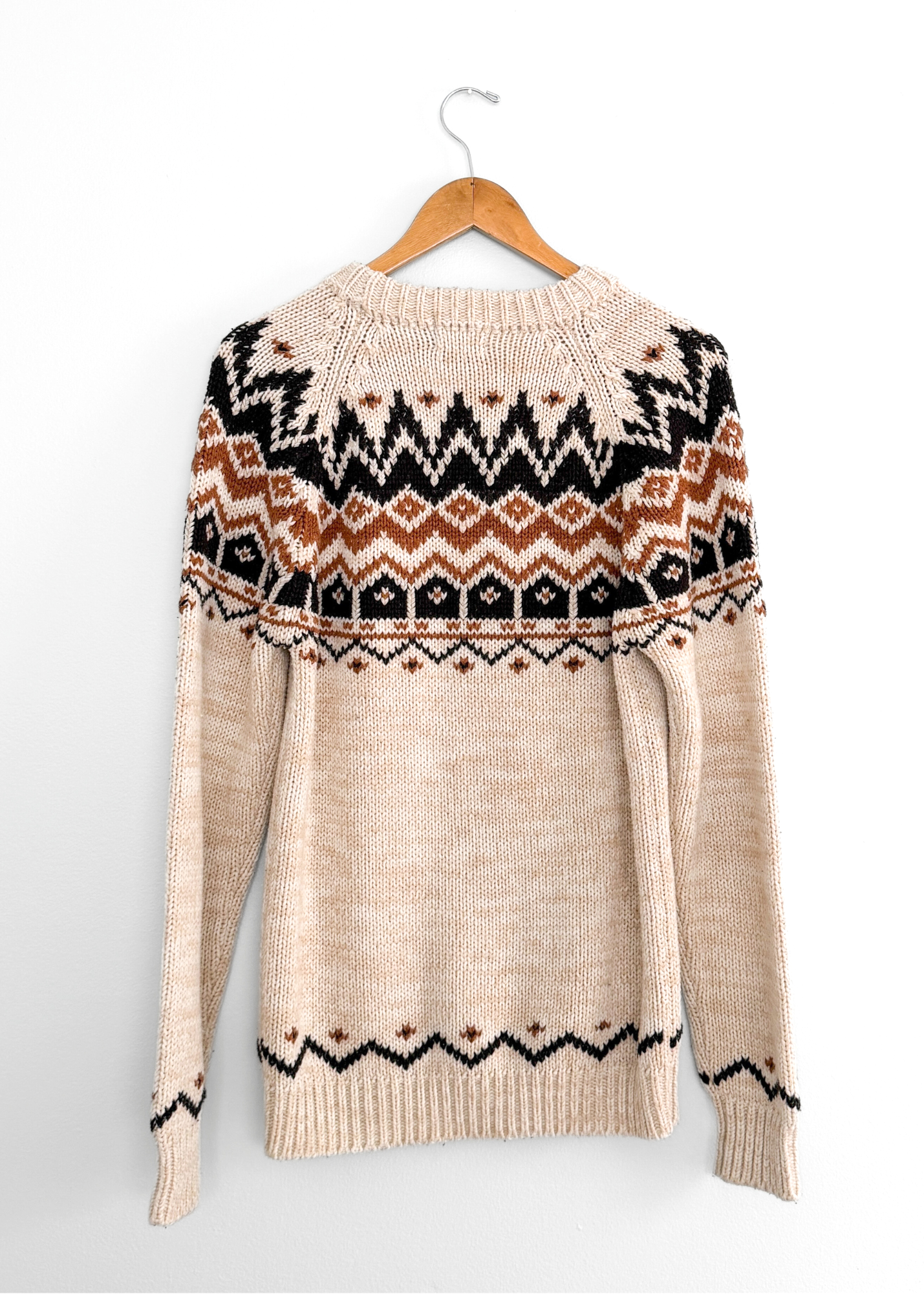 Vintage 80s f.a.I. Cream Tan Brown and Black Acrylic Pullover Sweater (M)