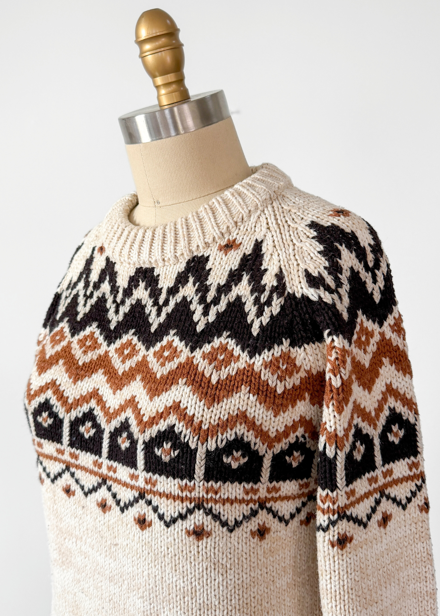 Vintage 80s f.a.I. Cream Tan Brown and Black Acrylic Pullover Sweater (M)