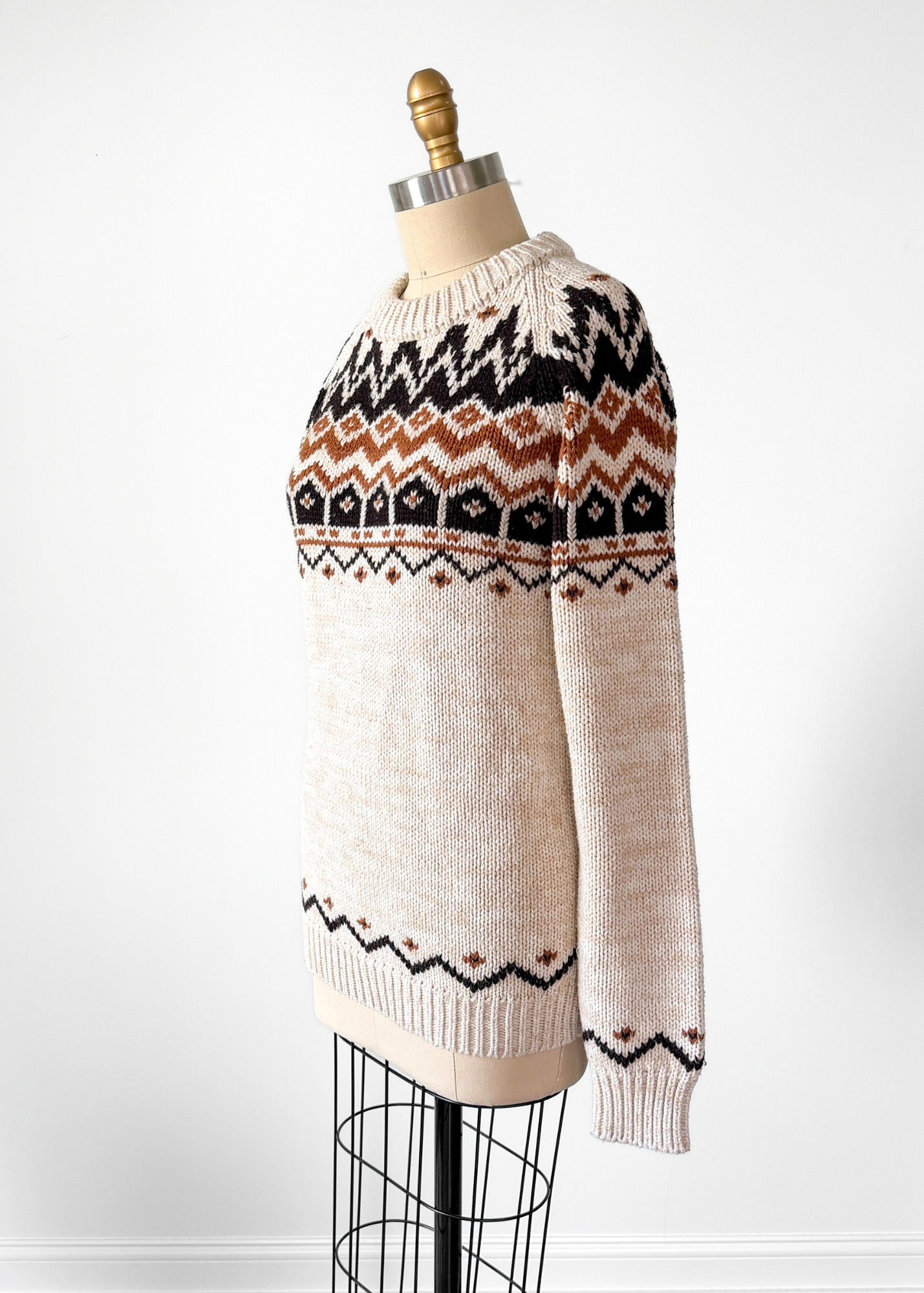 Vintage 80s f.a.I. Cream Tan Brown and Black Acrylic Pullover Sweater (M)