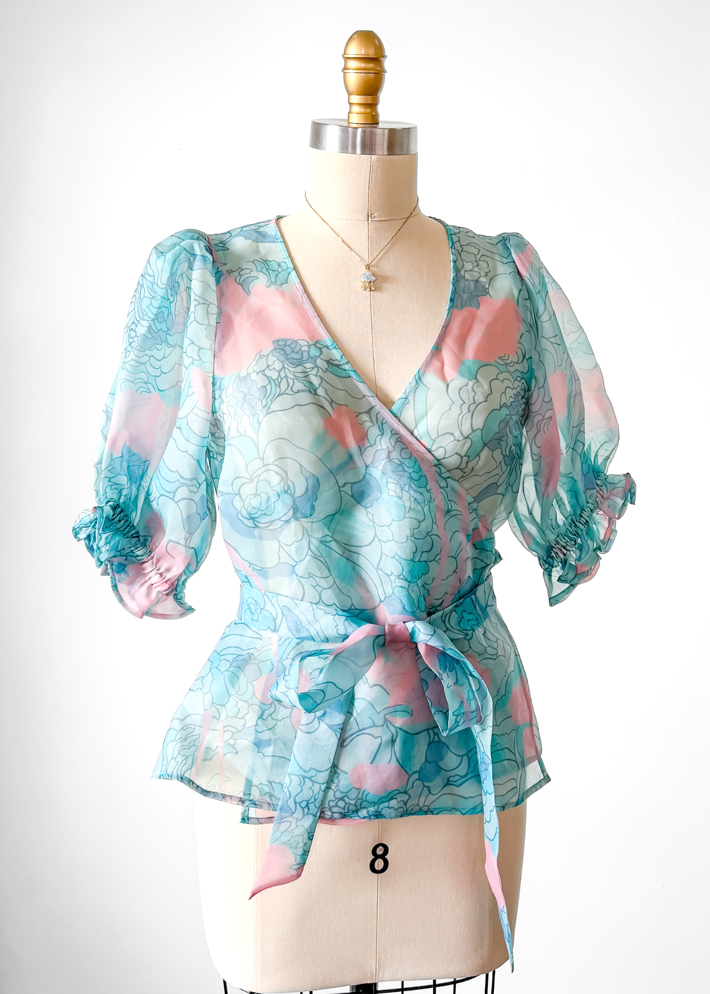 NEW Selkie Cloud 9 Blue & Pink Champagne Mod Print Wrap Top (S)