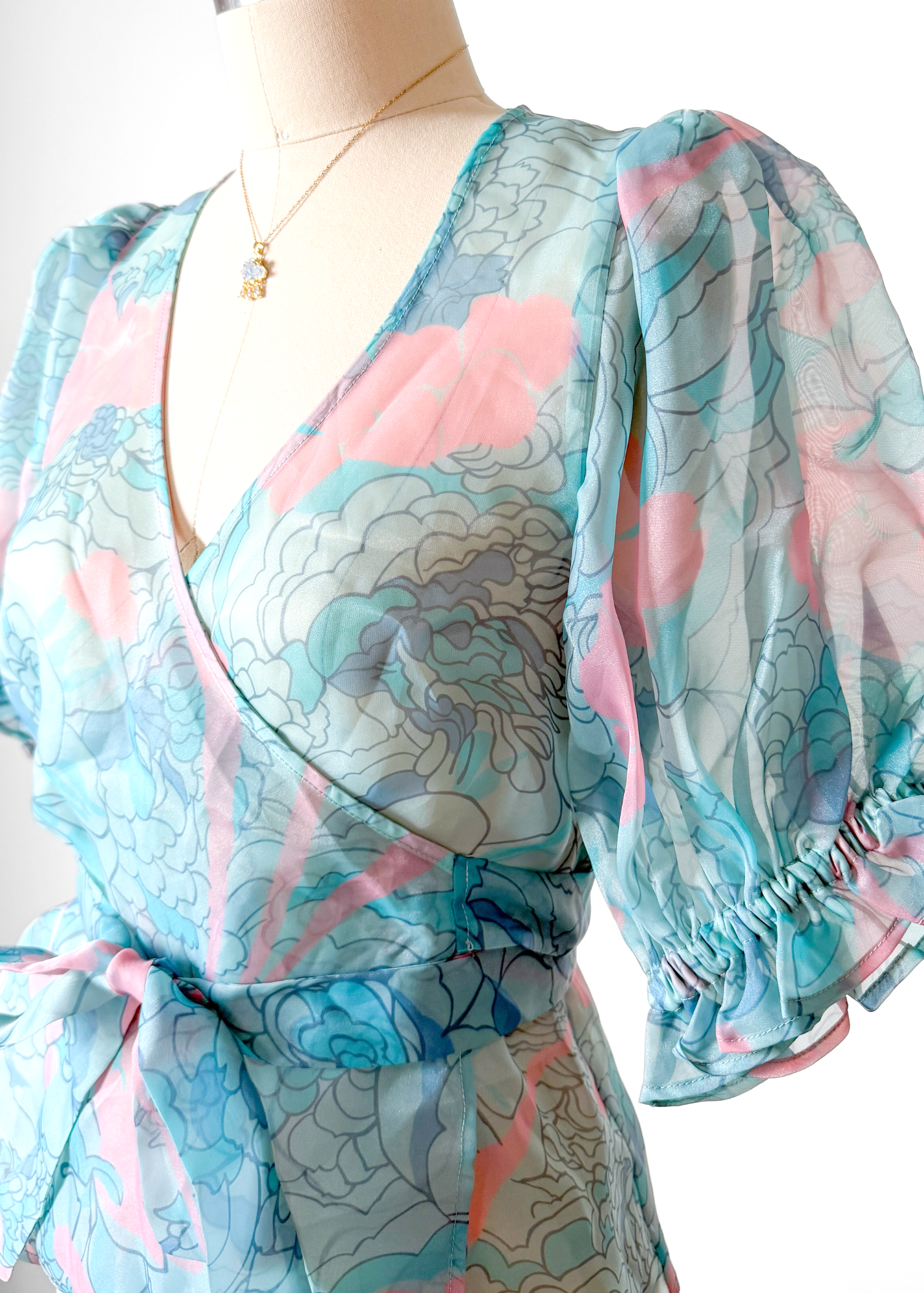 NEW Selkie Cloud 9 Blue & Pink Champagne Mod Print Wrap Top (S)