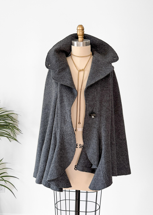 Charcoal Gray 100% Boiled Wool Knit Poncho Cape Sweater (M/L)