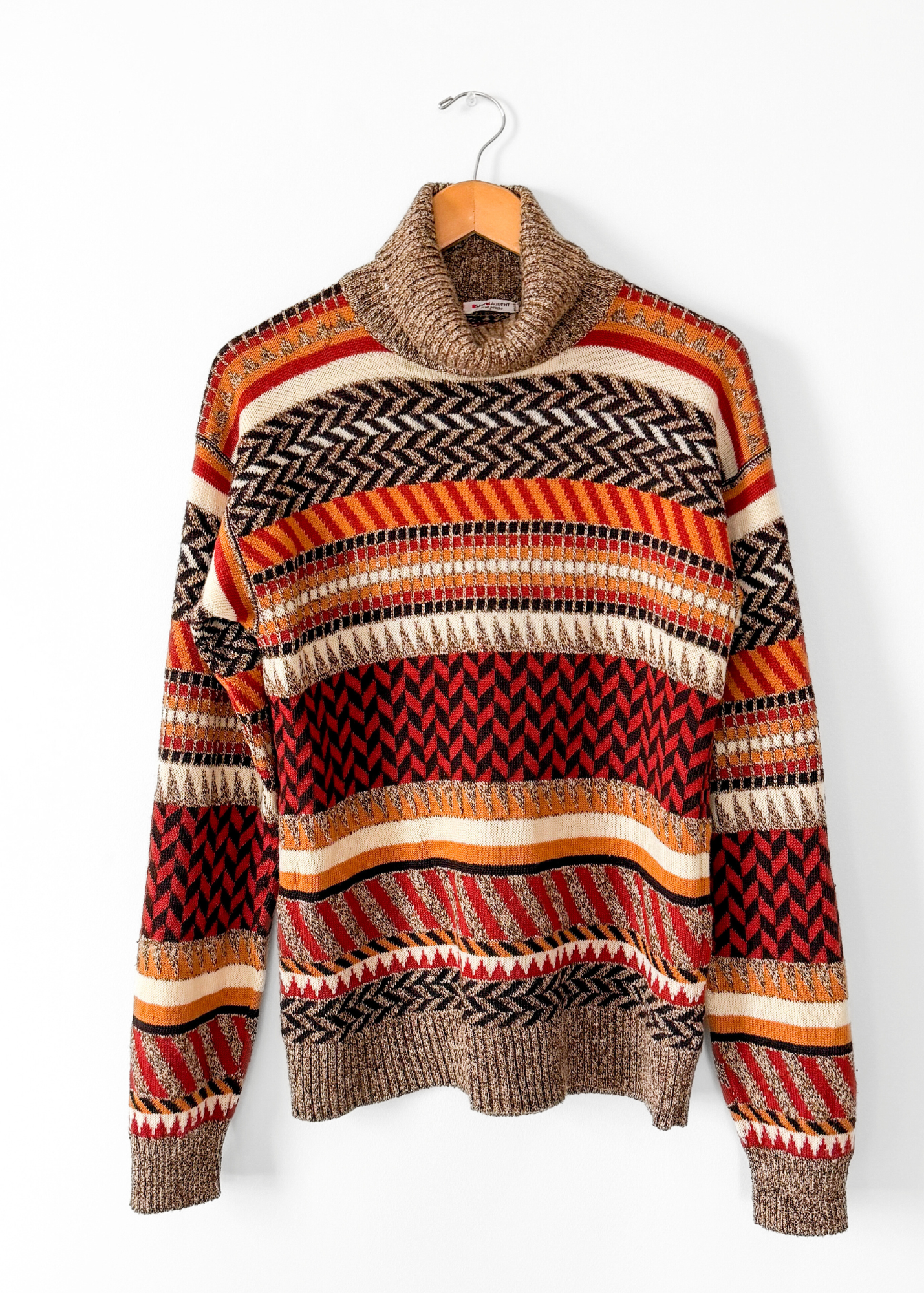 Vintage 70s Saint Laurent Rive Gauche Brown Rust Cream Knit Sweater