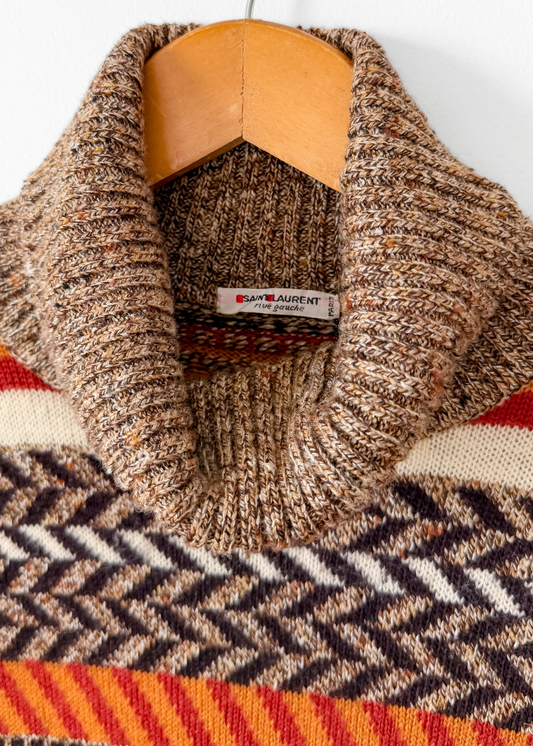 Vintage 70s Saint Laurent Rive Gauche Brown Rust Cream Knit Sweater
