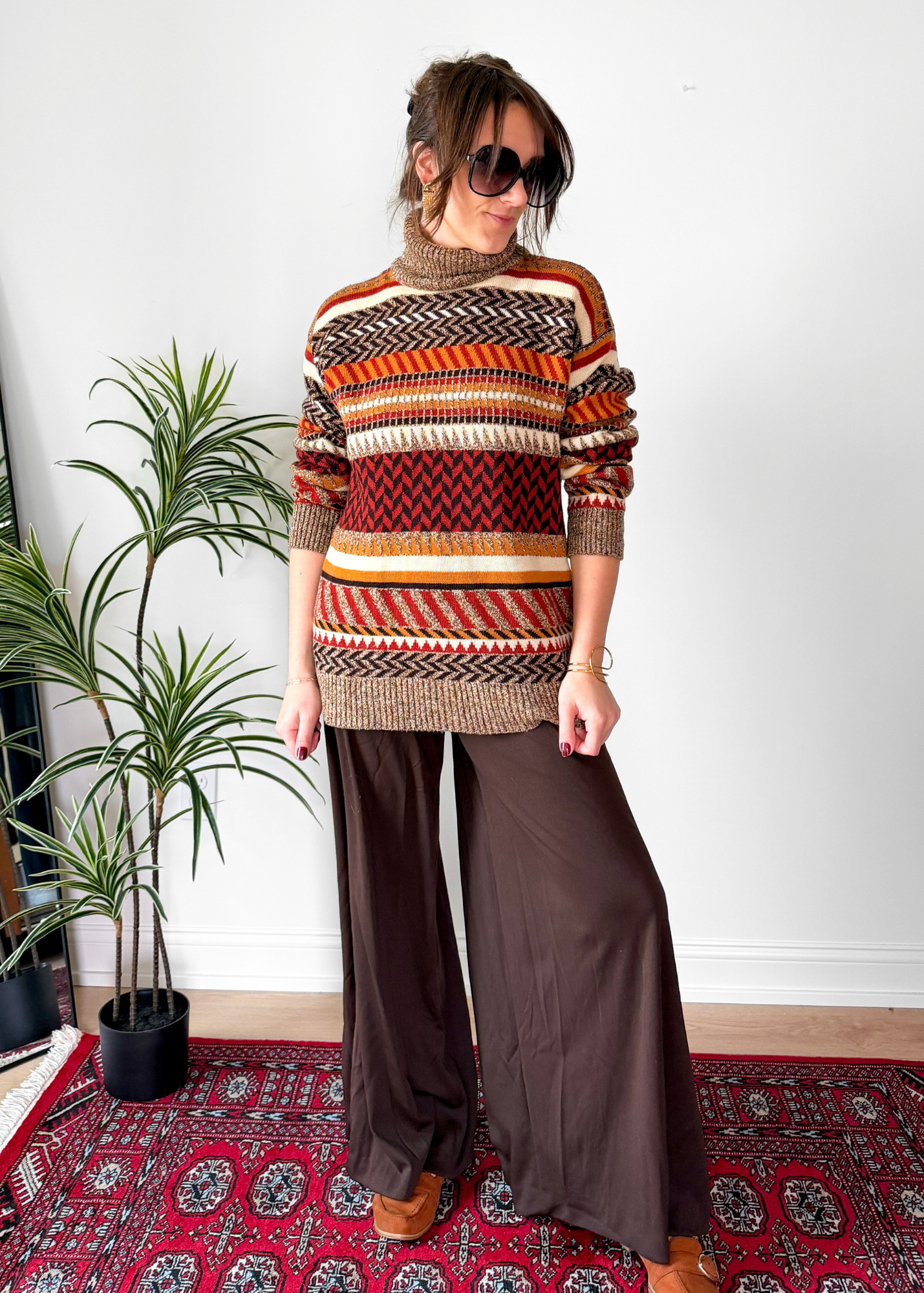 Vintage 70s Saint Laurent Rive Gauche Brown Rust Cream Knit Sweater