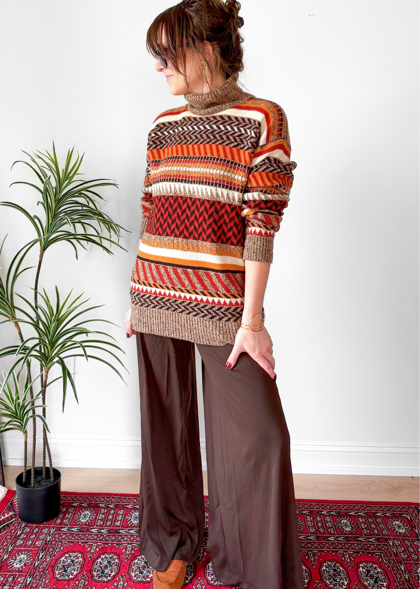 Vintage 70s Saint Laurent Rive Gauche Brown Rust Cream Knit Sweater