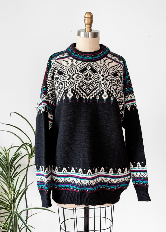 Vintage 90s Dale of Norway Fiemme Black Purple Turquoise Wool Norwegian Sweater Mens (XXL)