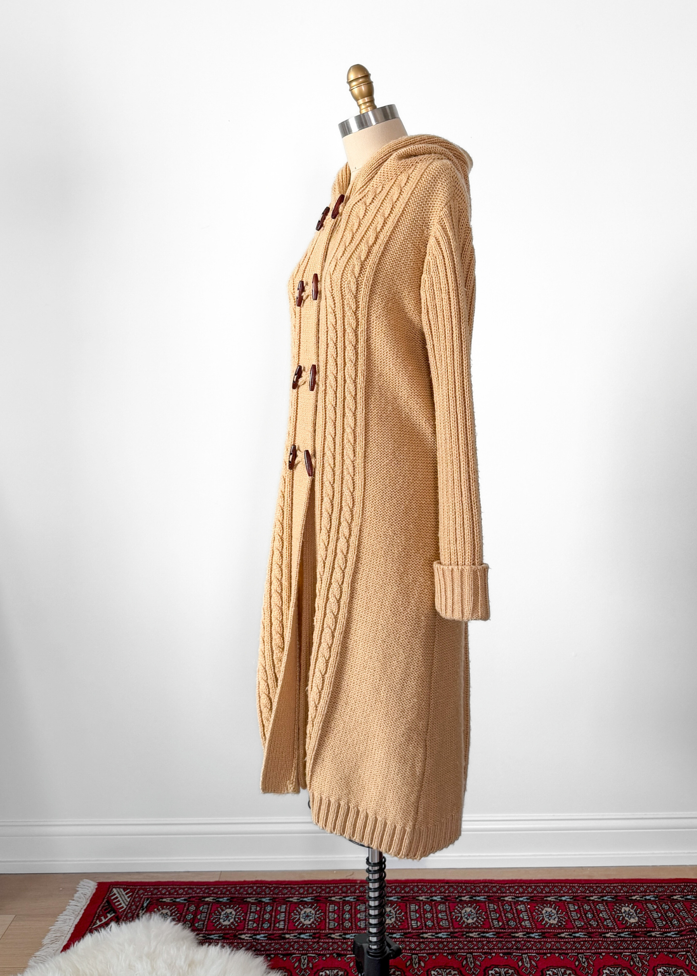 Vintage 70s Collectables Camel Brown Wooden Button Long Hooded Cardigan