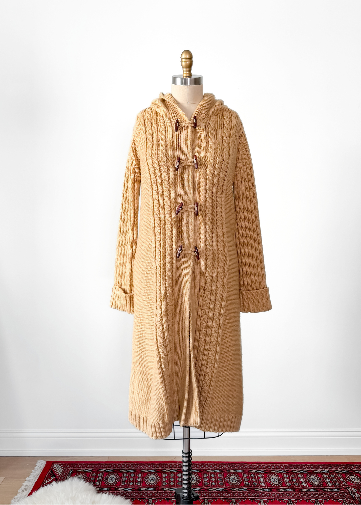 Vintage 70s Collectables Camel Brown Wooden Button Long Hooded Cardigan