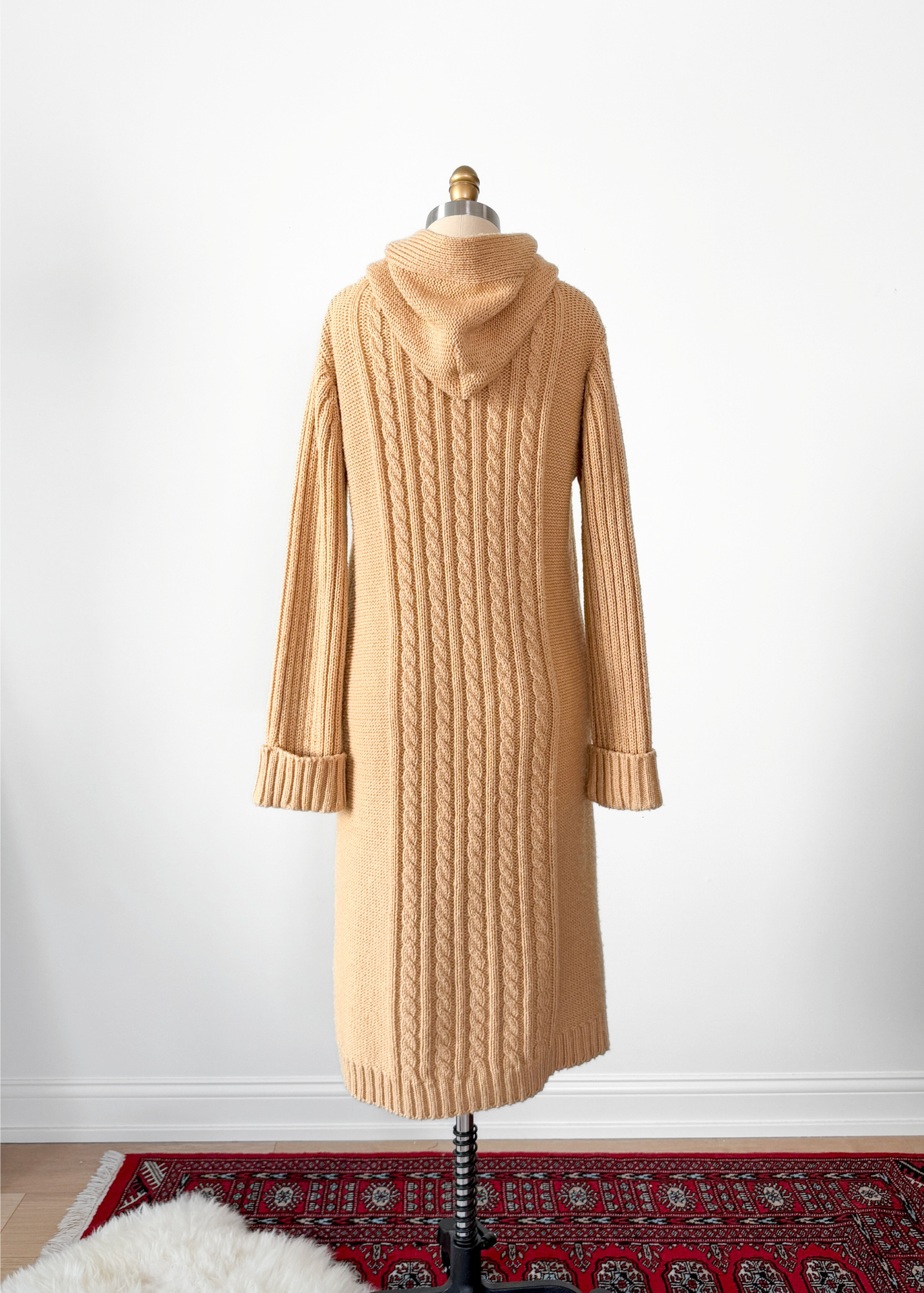 Vintage 70s Collectables Camel Brown Wooden Button Long Hooded Cardigan