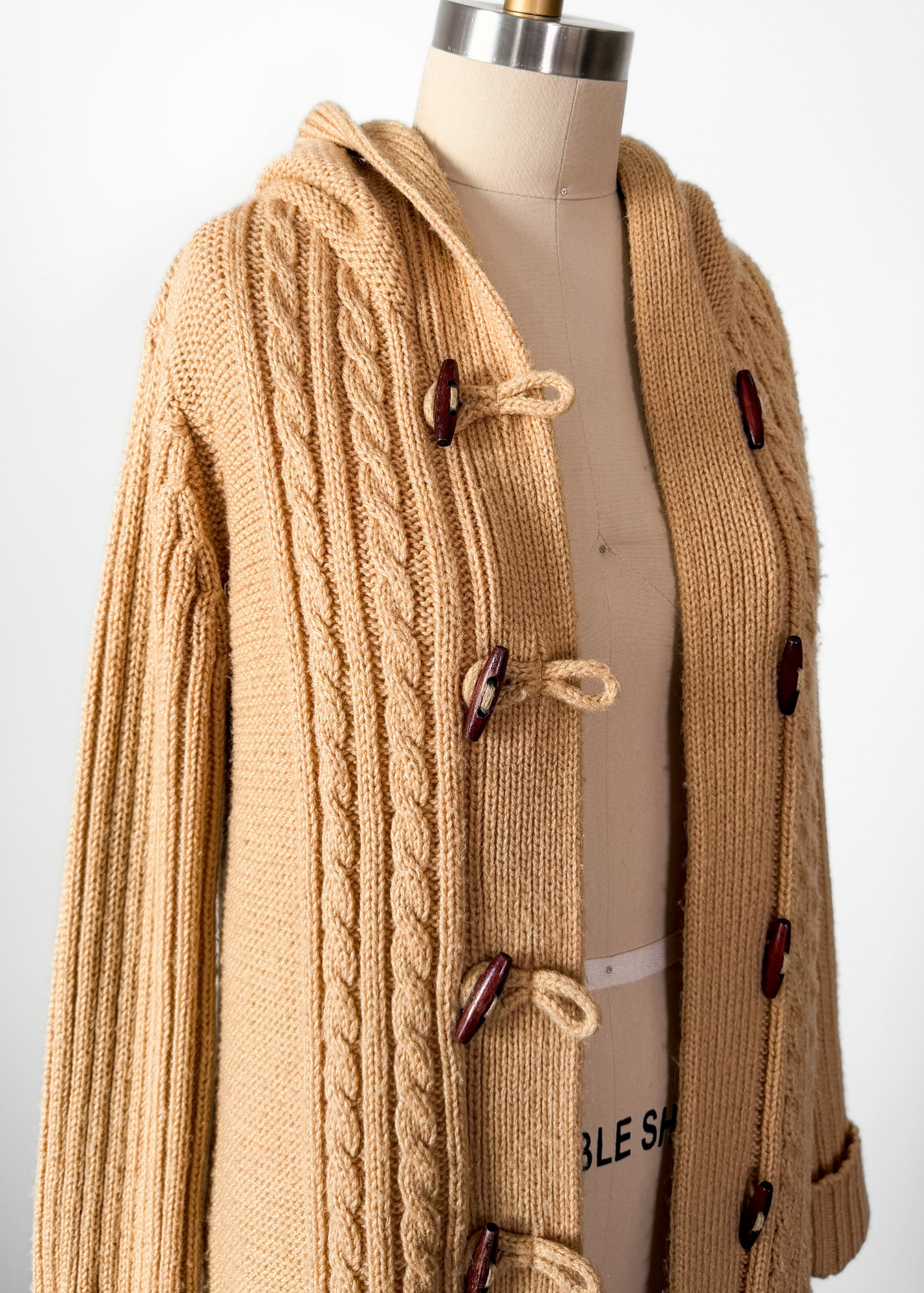 Vintage 70s Collectables Camel Brown Wooden Button Long Hooded Cardigan