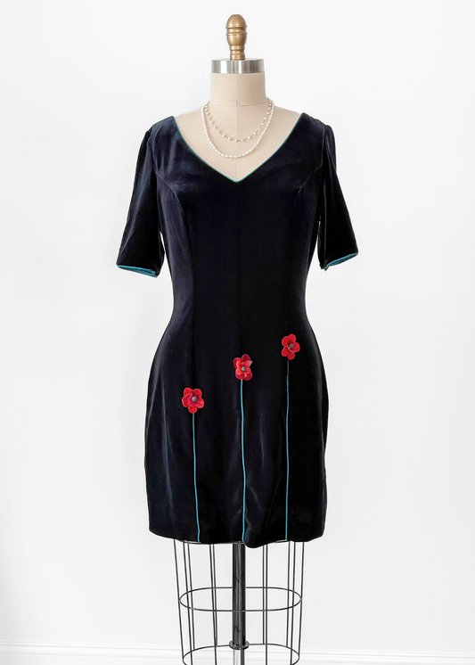 Vintage 00s JSC Black Velvet Red Floral Applique Dress (US 12)