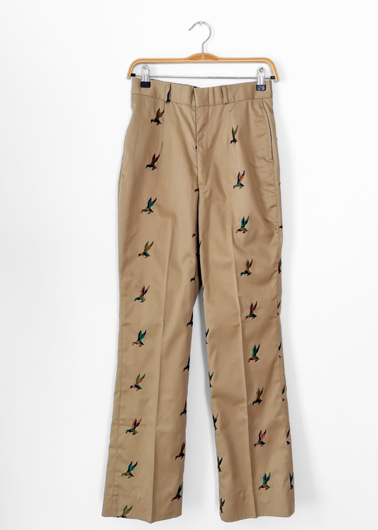 Vintage 70s Khaki Embroidered Mallard Duck Chino High Waist Pants