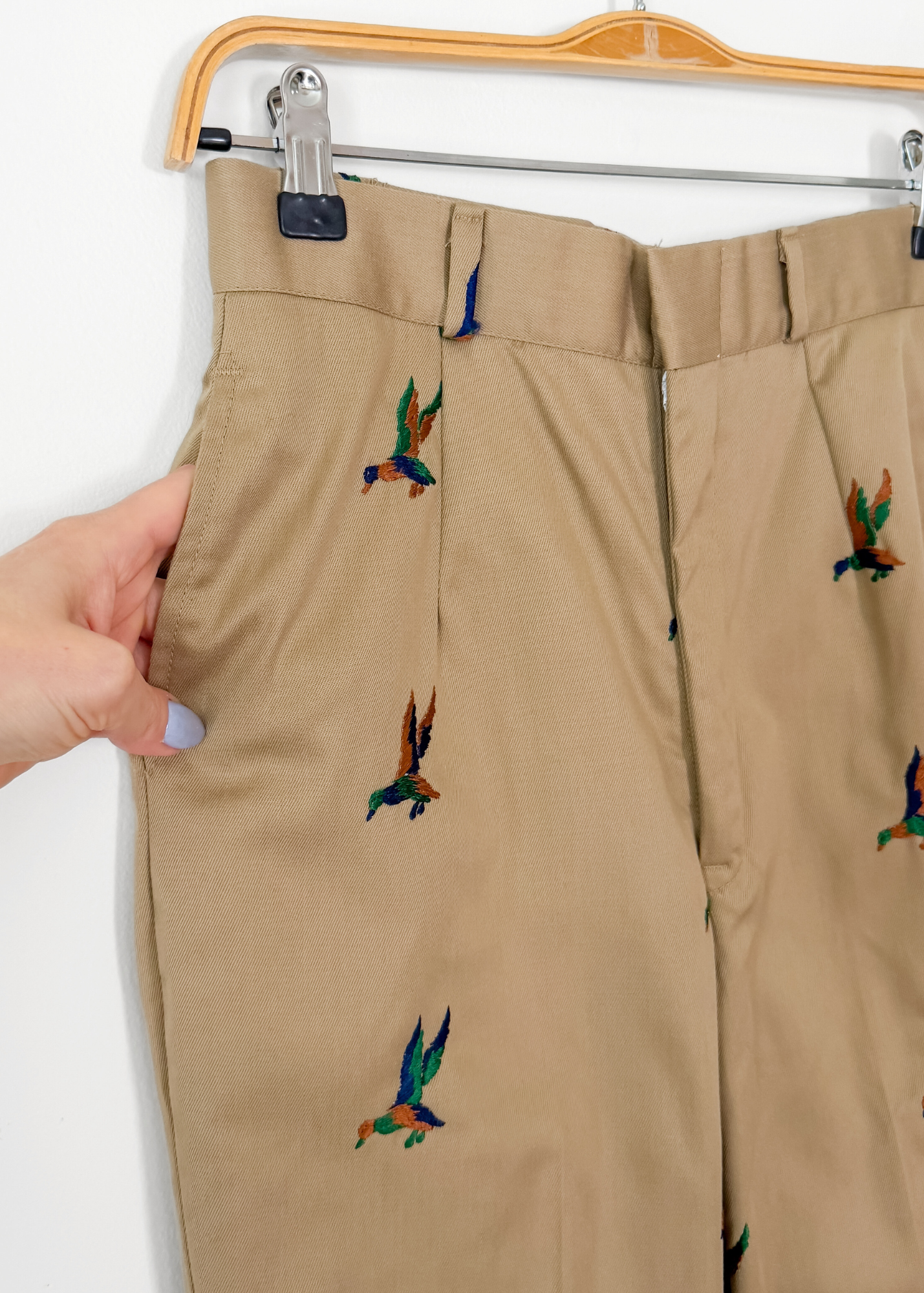 Vintage 70s Khaki Embroidered Mallard Duck Chino High Waist Pants