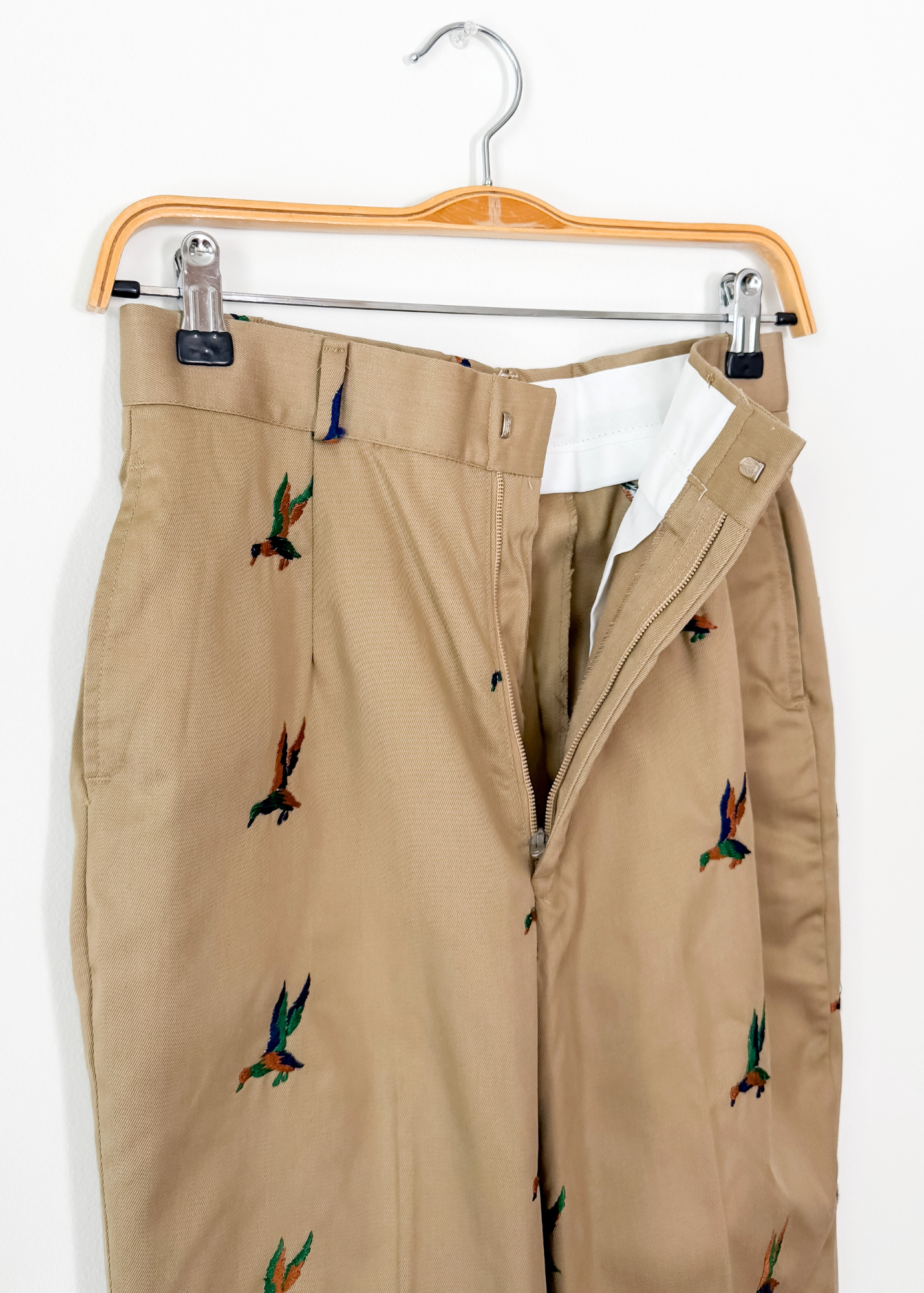 Vintage 70s Khaki Embroidered Mallard Duck Chino High Waist Pants