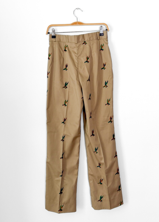 Vintage 70s Khaki Embroidered Mallard Duck Chino High Waist Pants