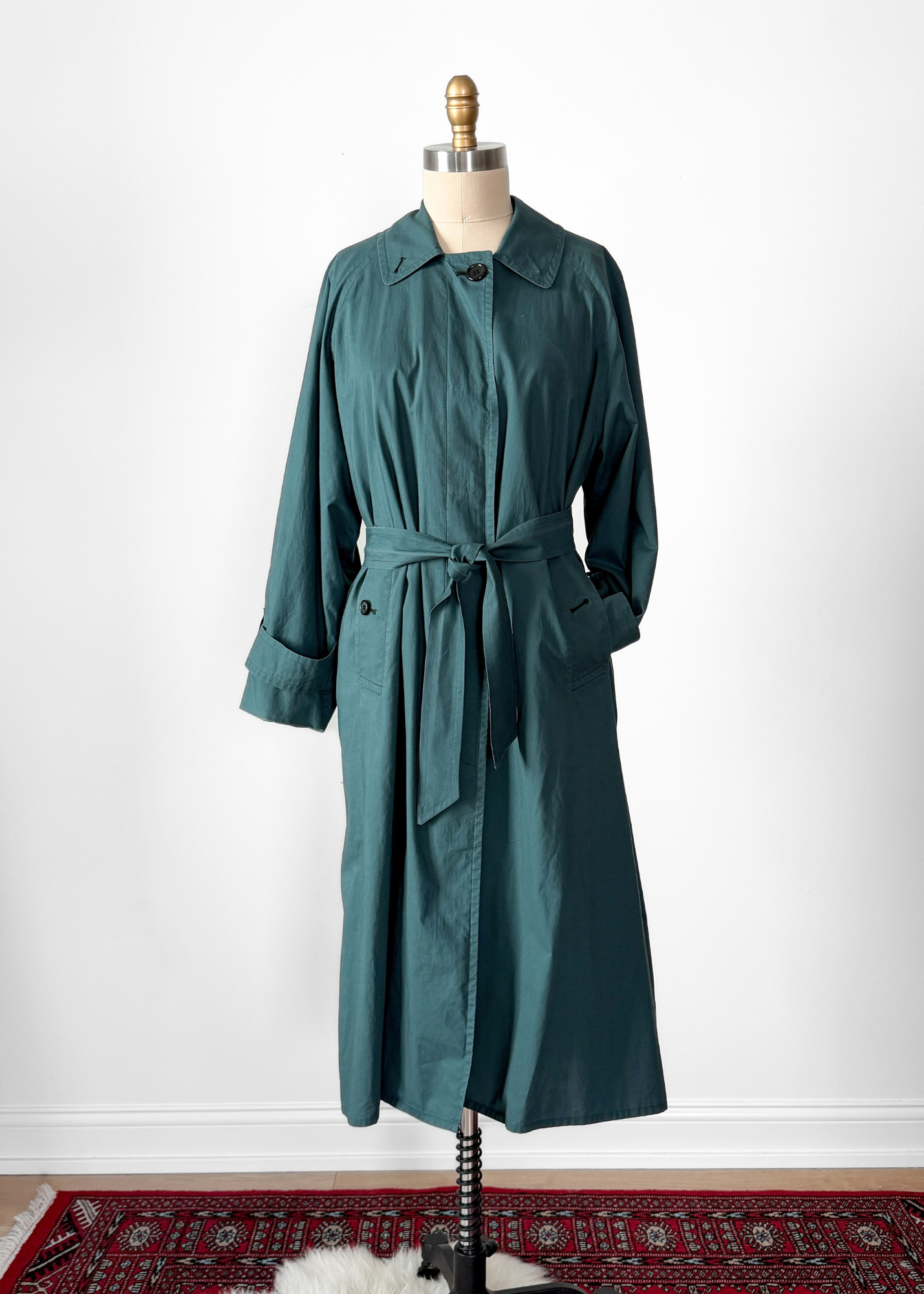 Vintage 90s Burberrys Dark Muted Teal Green Cotton Trench Coat