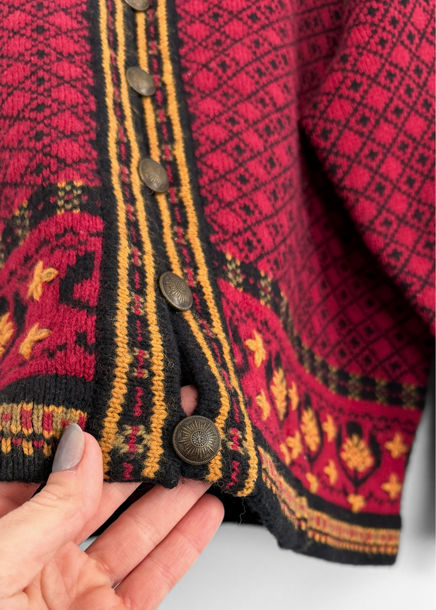 Squaw Valley Scandinavian Wool Knit Cardigan in Red Nordic Floral Fair Isle (M)