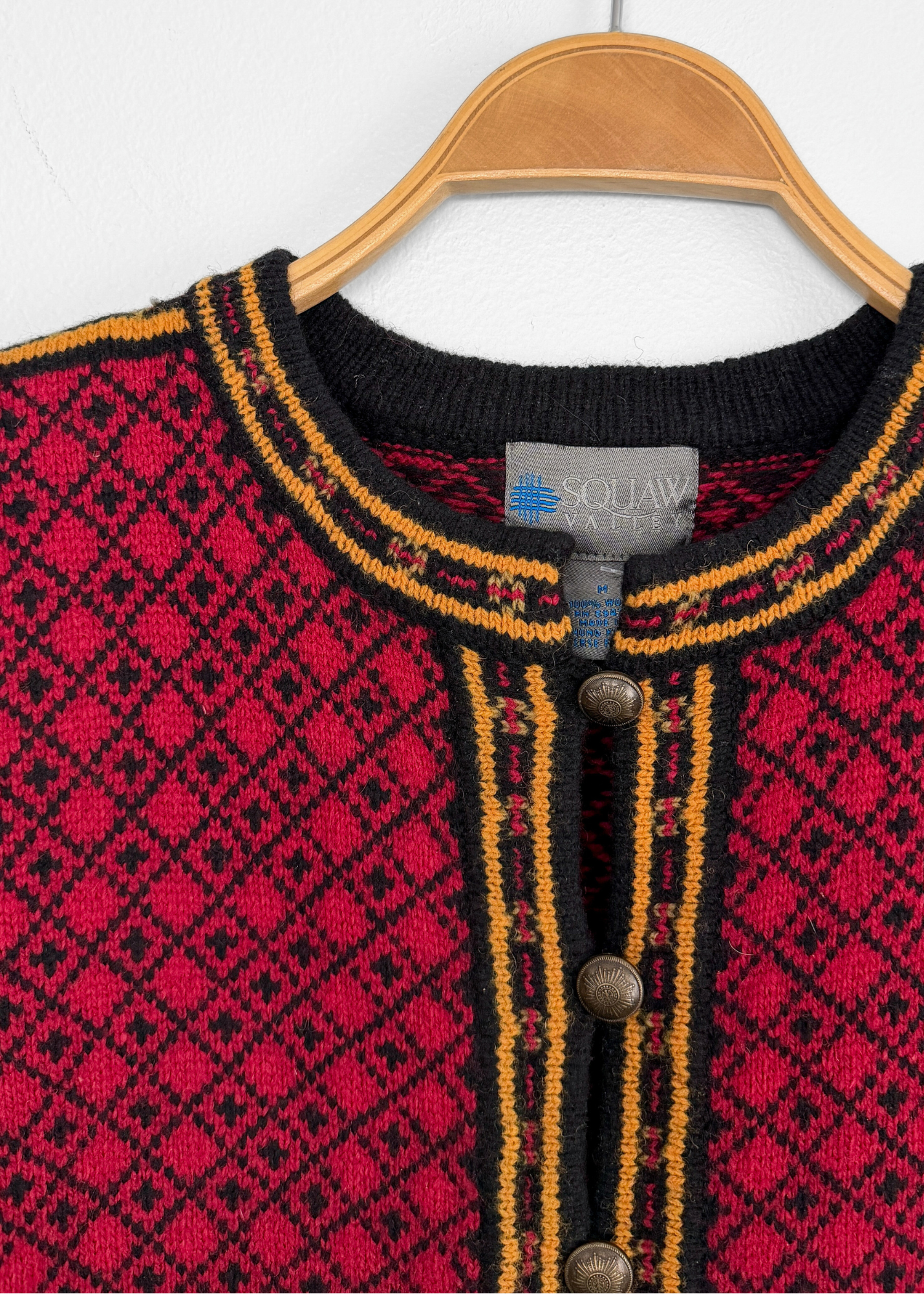 Squaw Valley Scandinavian Wool Knit Cardigan in Red Nordic Floral Fair Isle (M)