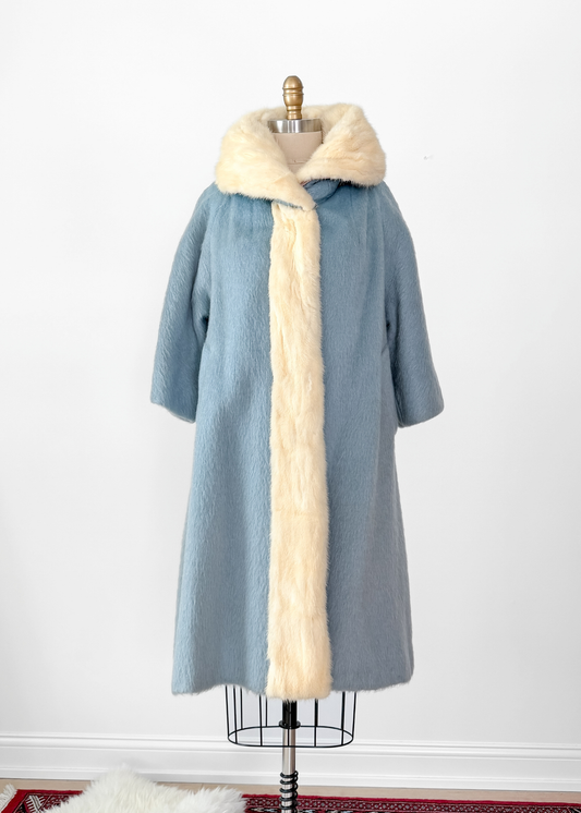 Vintage 60s Lilli Ann Powder Blue Cream Mink Collar Swing Coat