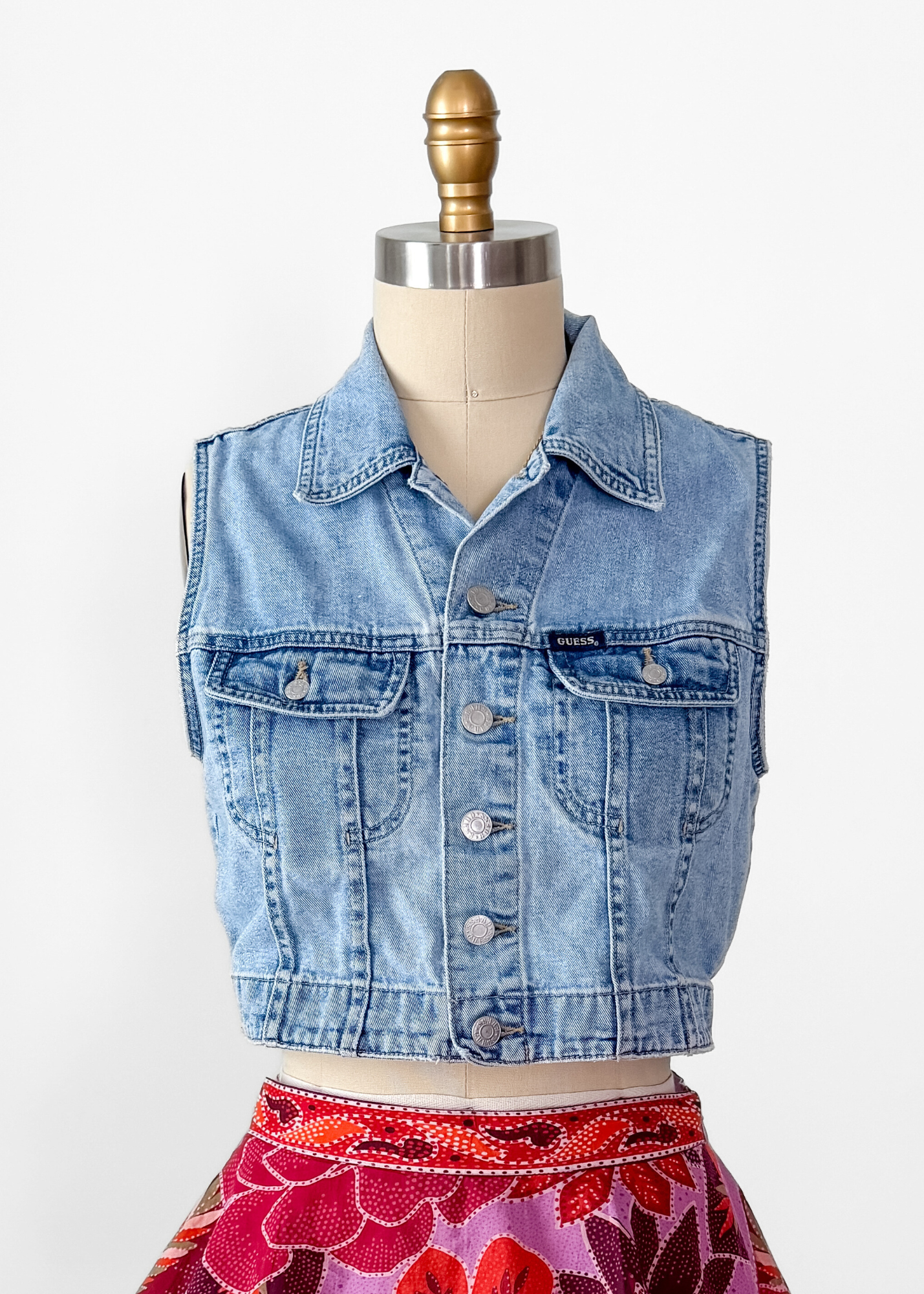 Vintage 90s Guess Denim Cropped Medium Wash Vest (M)