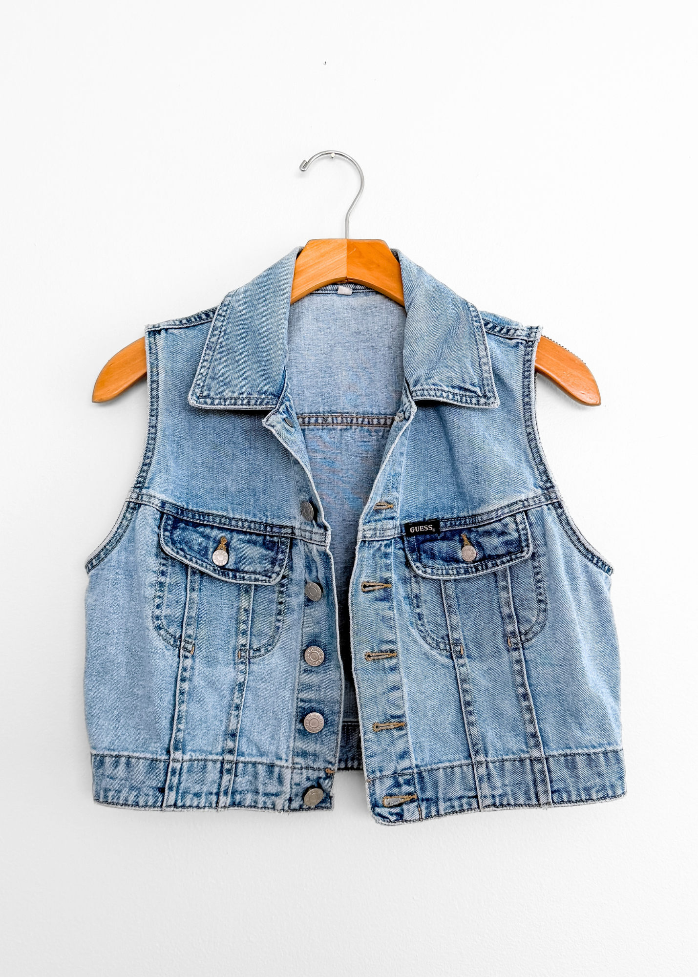 Vintage 90s Guess Denim Cropped Medium Wash Vest (M)