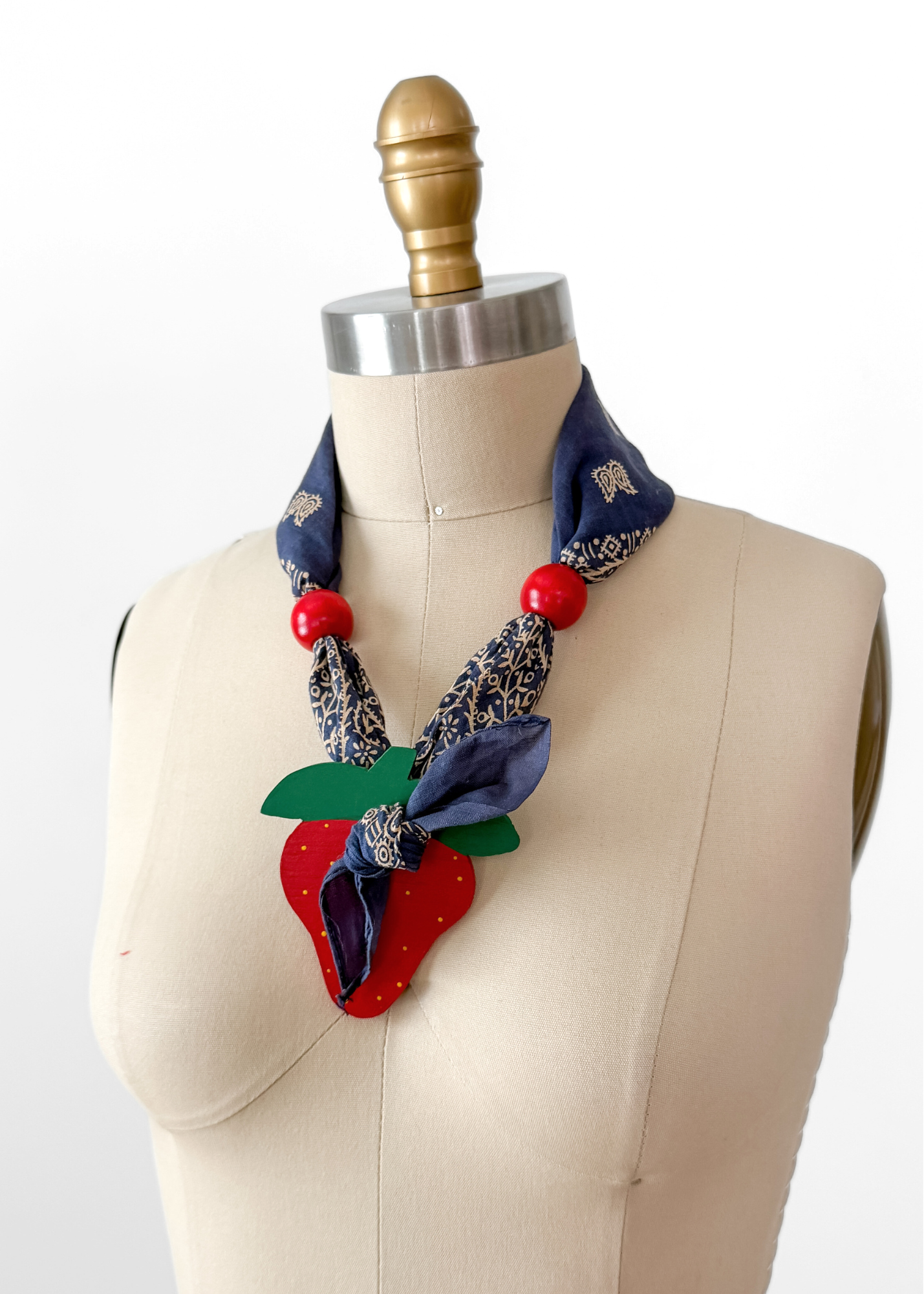 Vintage Strawberry Pendant Blue Bandana Handkerchief Scarf Necklace