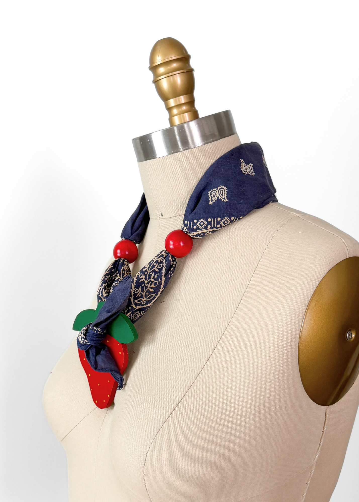 Vintage Strawberry Pendant Blue Bandana Handkerchief Scarf Necklace